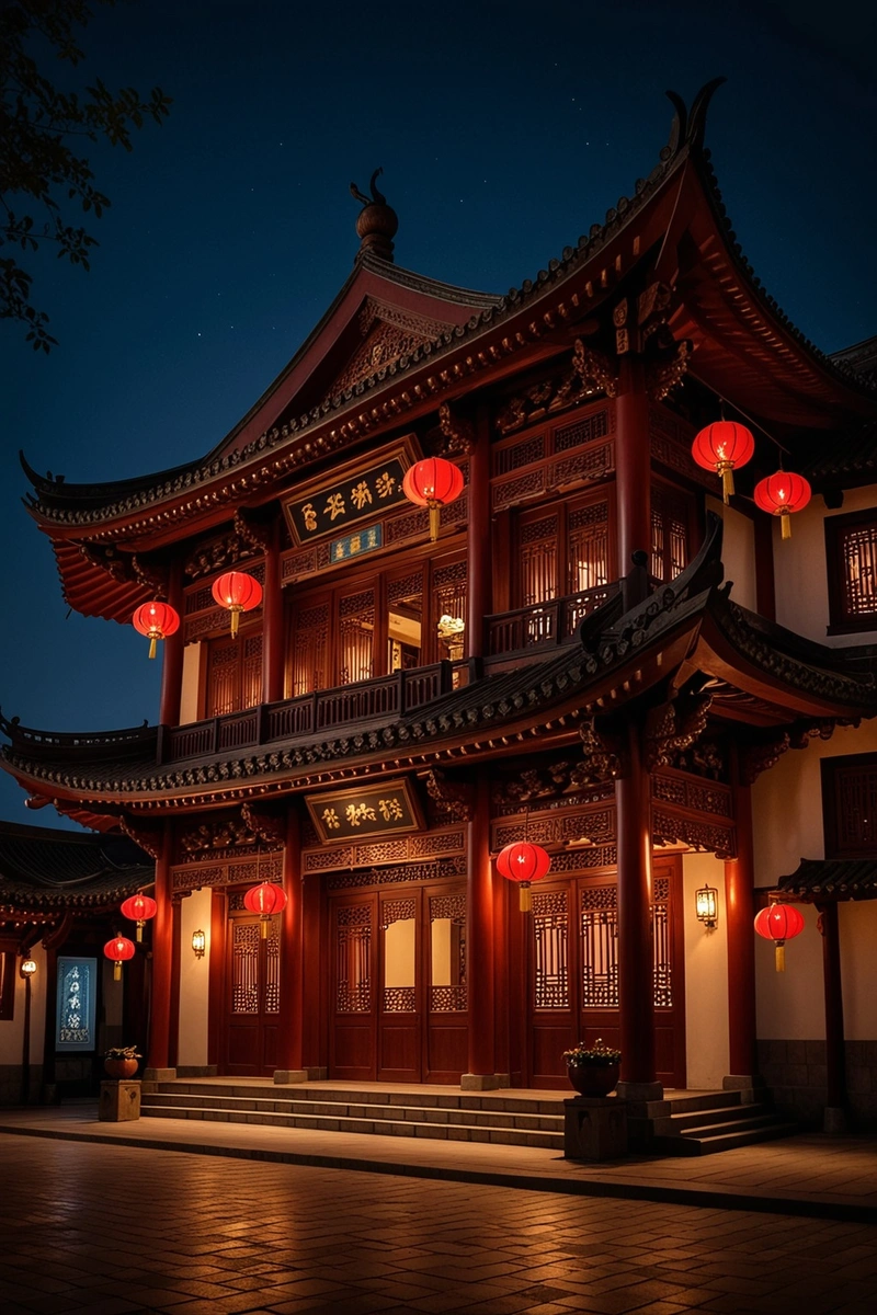 一座中国传统木制建筑,装饰着红灯笼和红屋顶。这座建筑很高,有三层楼高,底部有一个大拱门。该建筑由木材制成,具有复杂的雕刻和装饰元素。该建筑位于一个城市广场上,周围环绕着其他类似风格的建筑。这张照片是在晚上拍摄的,建筑物被灯笼和路灯照亮。天空是黑暗的,气氛是平静和和平的。 一座中国传统木制建筑,装饰着红灯笼和红屋顶。这座建筑很高,有三层楼高,底部有一个大拱门。该建筑由木材制成,具有复杂的雕刻和装饰元素。该建筑位于一个城市广场上,周围环绕着其他类似风格的建筑。这张照片是在晚上拍摄的,建筑物被灯笼和路灯照亮。天空是黑暗的,气氛是平静和和平的。