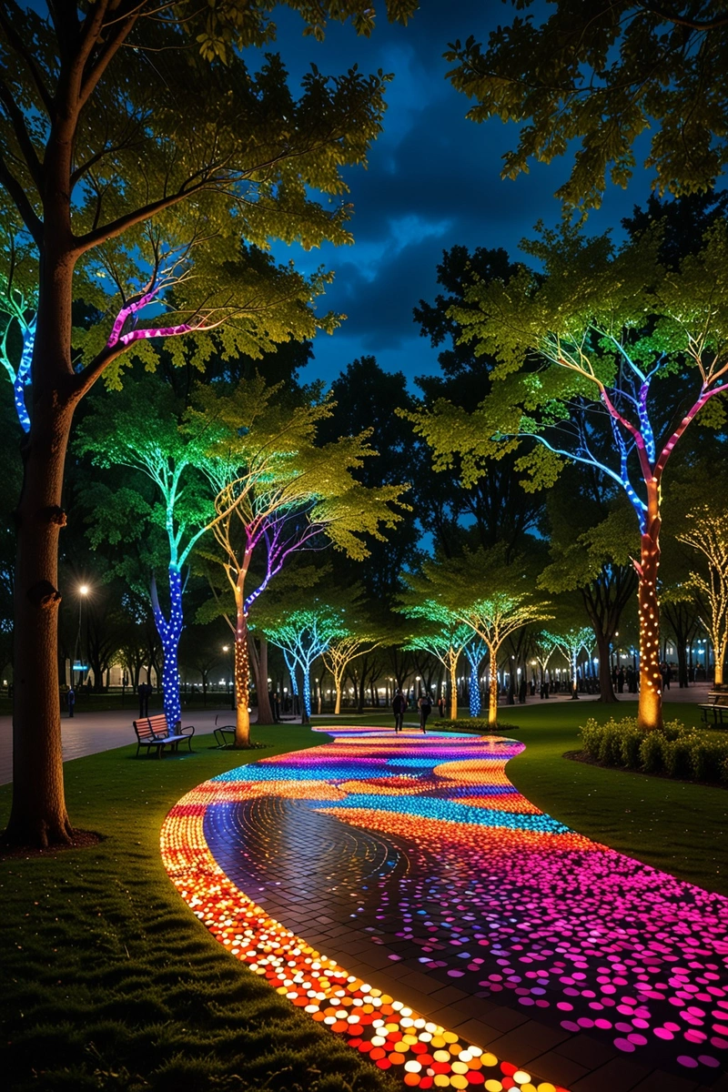 夜间,公园里展示了一种像波浪或风景一样的彩色灯光装置。该装置由许多彩色LED灯组成,创造了一个动态而充满活力的展示。装置周围的树木被聚光灯照亮,将它们的影子投射在彩色的波浪上。该装置位于公园中央,周围环绕着树木和建筑。装置的整体风格是抽象和现代的,重点是光和颜色。公园本身是一个郁郁葱葱的绿色空间,有许多树木和长凳供游客放松。天气似乎是晴朗而平静的,没有下雨或暴风雨的迹象。 夜间,公园里展示了一种像波浪或风景一样的彩色灯光装置。该装置由许多彩色LED灯组成,创造了一个动态而充满活力的展示。装置周围的树木被聚光灯照亮,将它们的影子投射在彩色的波浪上。该装置位于公园中央,周围环绕着树木和建筑。装置的整体风格是抽象和现代的,重点是光和颜色。公园本身是一个郁郁葱葱的绿色空间,有许多树木和长凳供游客放松。天气似乎是晴朗而平静的,没有下雨或暴风雨的迹象。