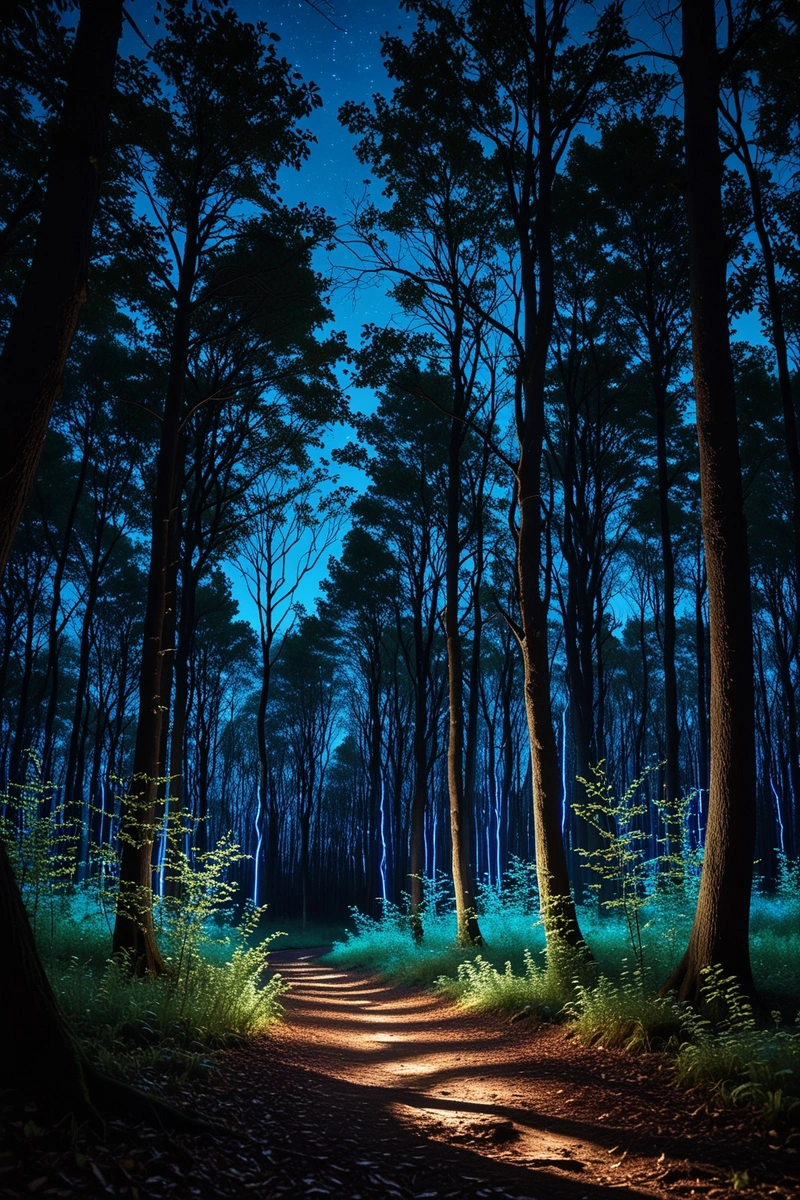 夜间的森林空地,被蓝色霓虹灯照亮,在地面上形成波浪状的光线。这些树又高又瘦,有几片叶子在变色。天空一片漆黑,布满了星星。这一场景是宁静祥和的,带有一种神秘和惊奇的感觉。 夜间的森林空地,被蓝色霓虹灯照亮,在地面上形成波浪状的光线。这些树又高又瘦,有几片叶子在变色。天空一片漆黑,布满了星星。这一场景是宁静祥和的,带有一种神秘和惊奇的感觉。