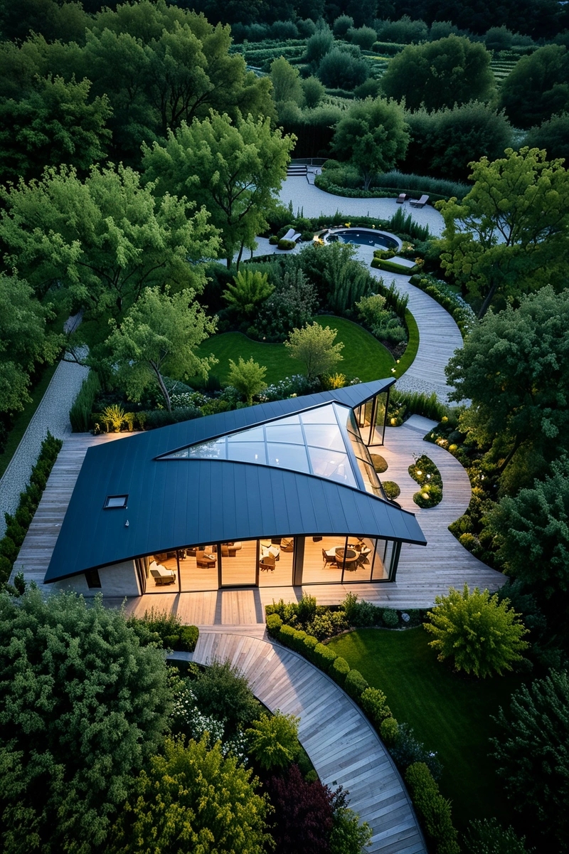 鸟瞰一座屋顶形状独特的现代住宅,周围环绕着葡萄园。房子的特点是大玻璃窗和门,木制甲板,和一个圆形天窗。外部覆盖着灰色的石头,给它一个质朴和自然的外观。房子坐落在一个维护良好的花园中,有树木、灌木和一系列的户外休息区。这里的风景郁郁葱葱,绿树成荫,绿树成荫。这张照片是在黄昏拍摄的,灯光营造了一种温暖舒适的氛围。天空是深蓝色的,点缀着几朵云。住宅和花园的整体风格是现代乡村风格,强调自然材料和纹理。 鸟瞰一座屋顶形状独特的现代住宅,周围环绕着葡萄园。房子的特点是大玻璃窗和门,木制甲板,和一个圆形天窗。外部覆盖着灰色的石头,给它一个质朴和自然的外观。房子坐落在一个维护良好的花园中,有树木、灌木和一系列的户外休息区。这里的风景郁郁葱葱,绿树成荫,绿树成荫。这张照片是在黄昏拍摄的,灯光营造了一种温暖舒适的氛围。天空是深蓝色的,点缀着几朵云。住宅和花园的整体风格是现代乡村风格,强调自然材料和纹理。