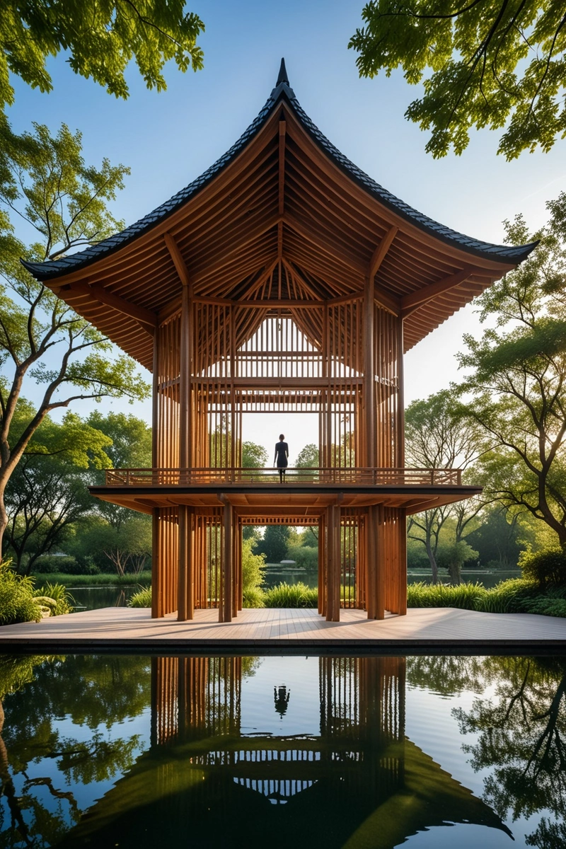 这幅图展示了一个美丽的木制亭子,有一个弯曲的屋顶,映衬着前面一个平静的池塘。建筑由互锁的木制元素组成,创造出复杂而优雅的图案。周围的景色郁郁葱葱,树木和植物增添了宁静的气氛。展馆的风格是传统与现代元素的和谐融合,展示了卓越的建筑技巧。这幅图中还有一个站在展馆里的人,为场景增添了人情味。天空晴朗而湛蓝,表明今天是晴天。这个形象完美地体现了和谐、宁静和可持续性。 这幅图展示了一个美丽的木制亭子,有一个弯曲的屋顶,映衬着前面一个平静的池塘。建筑由互锁的木制元素组成,创造出复杂而优雅的图案。周围的景色郁郁葱葱,树木和植物增添了宁静的气氛。展馆的风格是传统与现代元素的和谐融合,展示了卓越的建筑技巧。这幅图中还有一个站在展馆里的人,为场景增添了人情味。天空晴朗而湛蓝,表明今天是晴天。这个形象完美地体现了和谐、宁静和可持续性。