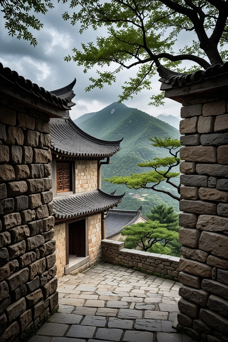 透过石墙和木制门楣看到的灰色屋顶,背景是树和天空。画面由石墙和黑色栏杆构成。整体风格质朴自然,强调中国传统建筑元素。天气似乎是阴天,天空中有灰色的云。 透过石墙和木制门楣看到的灰色屋顶,背景是树和天空。画面由石墙和黑色栏杆构成。整体风格质朴自然,强调中国传统建筑元素。天气似乎是阴天,天空中有灰色的云。
