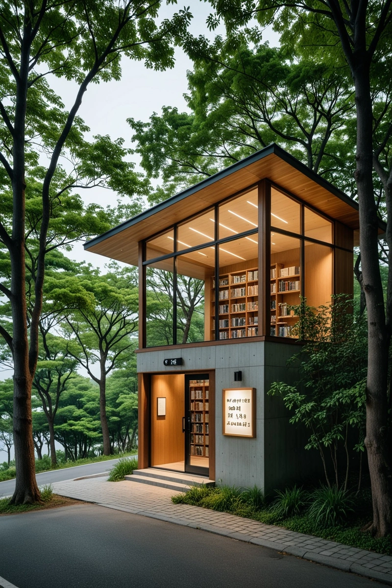 一个小图书馆坐落在路边,周围环绕着树木。这座建筑是木制的,屋顶是玻璃的。门上的牌子写着공동체서점(社区图书馆)。这座建筑有一种温暖而诱人的气氛。天空是阴的,但是树木和绿色植物给景色增添了生机和新鲜感。 一个小图书馆坐落在路边,周围环绕着树木。这座建筑是木制的,屋顶是玻璃的。门上的牌子写着공동체서점(社区图书馆)。这座建筑有一种温暖而诱人的气氛。天空是阴的,但是树木和绿色植物给景色增添了生机和新鲜感。