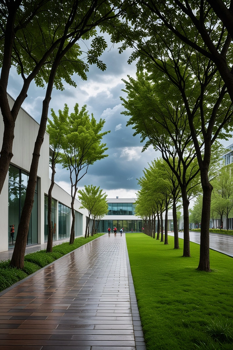 这幅图描绘了位于城市中心的一个公园,在一条绿树成荫的小路的尽头,有一座白色的、长长的平顶建筑。该建筑以现代风格设计,一侧设有玻璃幕墙,允许自然光进入。绿草如茵,绿树成荫,营造出一种清新宁静的氛围。人们可以沿着小路散步、慢跑、骑自行车,为一个活泼健康的环境做出贡献。天空阴云密布,远处乌云密布,预示着暴风雨即将来临。这幅图捕捉到了城市生活的本质,自然与建筑和谐共存。 这幅图描绘了位于城市中心的一个公园,在一条绿树成荫的小路的尽头,有一座白色的、长长的平顶建筑。该建筑以现代风格设计,一侧设有玻璃幕墙,允许自然光进入。绿草如茵,绿树成荫,营造出一种清新宁静的氛围。人们可以沿着小路散步、慢跑、骑自行车,为一个活泼健康的环境做出贡献。天空阴云密布,远处乌云密布,预示着暴风雨即将来临。这幅图捕捉到了城市生活的本质,自然与建筑和谐共存。