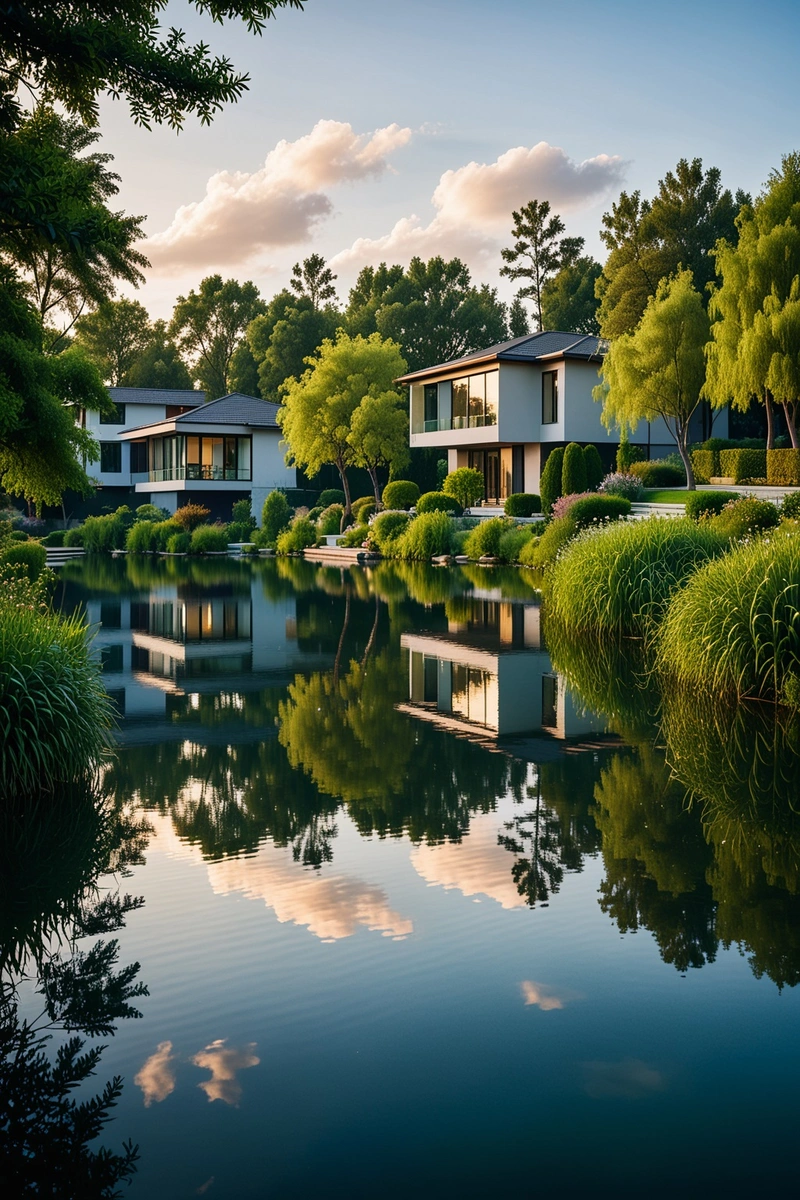 一个宁静的湖泊，背景是大房子，郁郁葱葱的绿色植物和几棵树。天空是蓝色的，飘着几朵云。这些房子都是现代风格的，有大窗户，线条流畅。草地和灌木的混合使景观得到了很好的维护。水面平静，房屋和树木的倒影增添了景色的美丽。