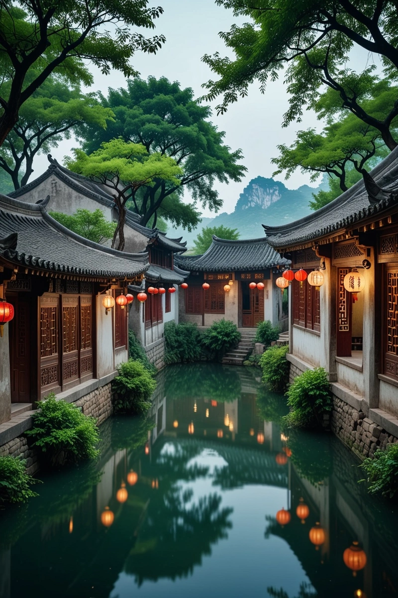 一个宁静宁静的村庄,有着传统的中国建筑风格。 一个宁静宁静的村庄,有着传统的中国建筑风格。