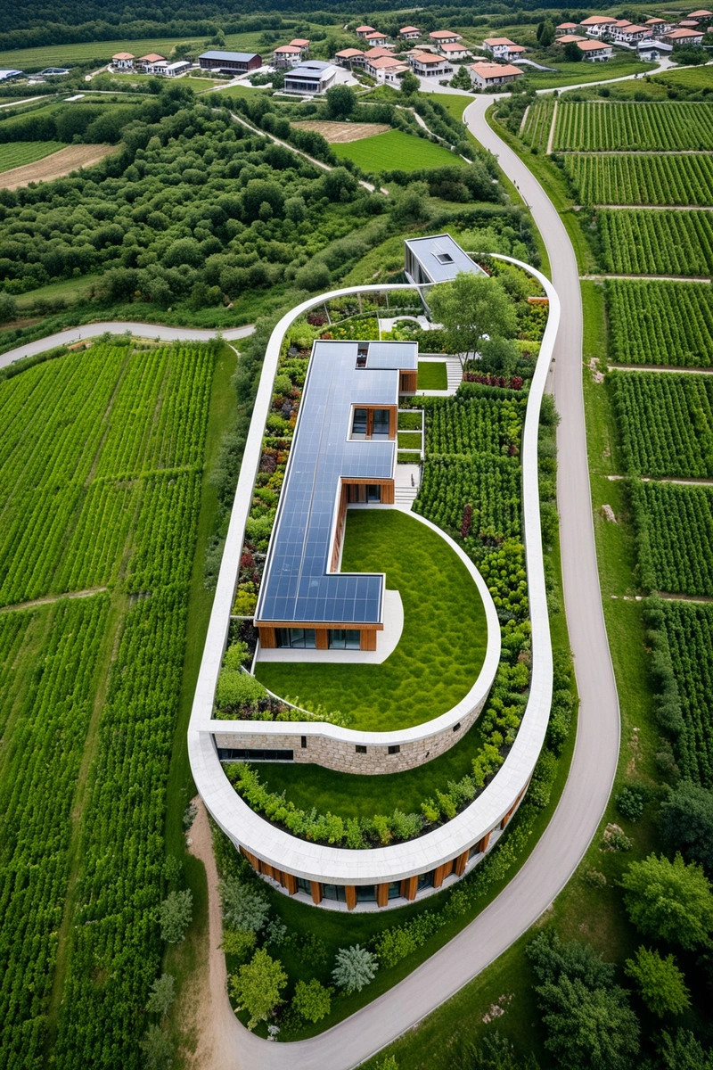 这是一座现代建筑的鸟瞰图,屋顶是绿色的,周围是郁郁葱葱的花园和一条河。该建筑坐落在一个小镇上,周围环绕着葡萄园和山脉。这幅图捕捉到了自然与建筑之间和谐的本质。建筑的设计和材料与周围环境和谐一致。自然材料的使用,如木材和石头,以及绿色空间的融合,创造了一种与自然联系的感觉。建筑坐落在葡萄园之中,突出了场地在设计过程中的重要性。自然光和通风系统的使用展示了建筑的可持续设计方法。图像的阴天给场景增添了一种宁静和平静的感觉。这个形象是现代建筑与自然环境无缝融合的美丽表现。 这是一座现代建筑的鸟瞰图,屋顶是绿色的,周围是郁郁葱葱的花园和一条河。该建筑坐落在一个小镇上,周围环绕着葡萄园和山脉。这幅图捕捉到了自然与建筑之间和谐的本质。建筑的设计和材料与周围环境和谐一致。自然材料的使用,如木材和石头,以及绿色空间的融合,创造了一种与自然联系的感觉。建筑坐落在葡萄园之中,突出了场地在设计过程中的重要性。自然光和通风系统的使用展示了建筑的可持续设计方法。图像的阴天给场景增添了一种宁静和平静的感觉。这个形象是现代建筑与自然环境无缝融合的美丽表现。