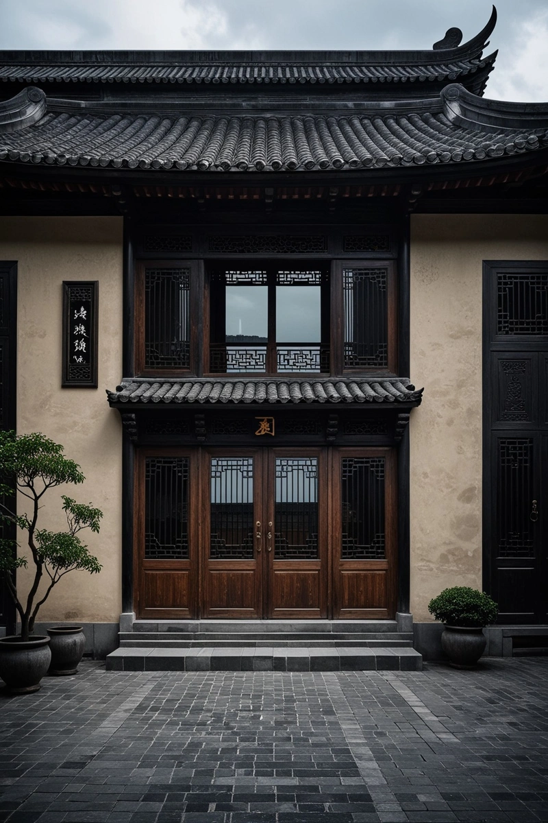 黑色瓦片屋顶,木门木墙的中国传统建筑。建筑有大窗户,周围是一个砾石地面的庭院。天空是阴的,但建筑的深色和材料给它一种忧郁的气氛。 黑色瓦片屋顶,木门木墙的中国传统建筑。建筑有大窗户,周围是一个砾石地面的庭院。天空是阴的,但建筑的深色和材料给它一种忧郁的气氛。