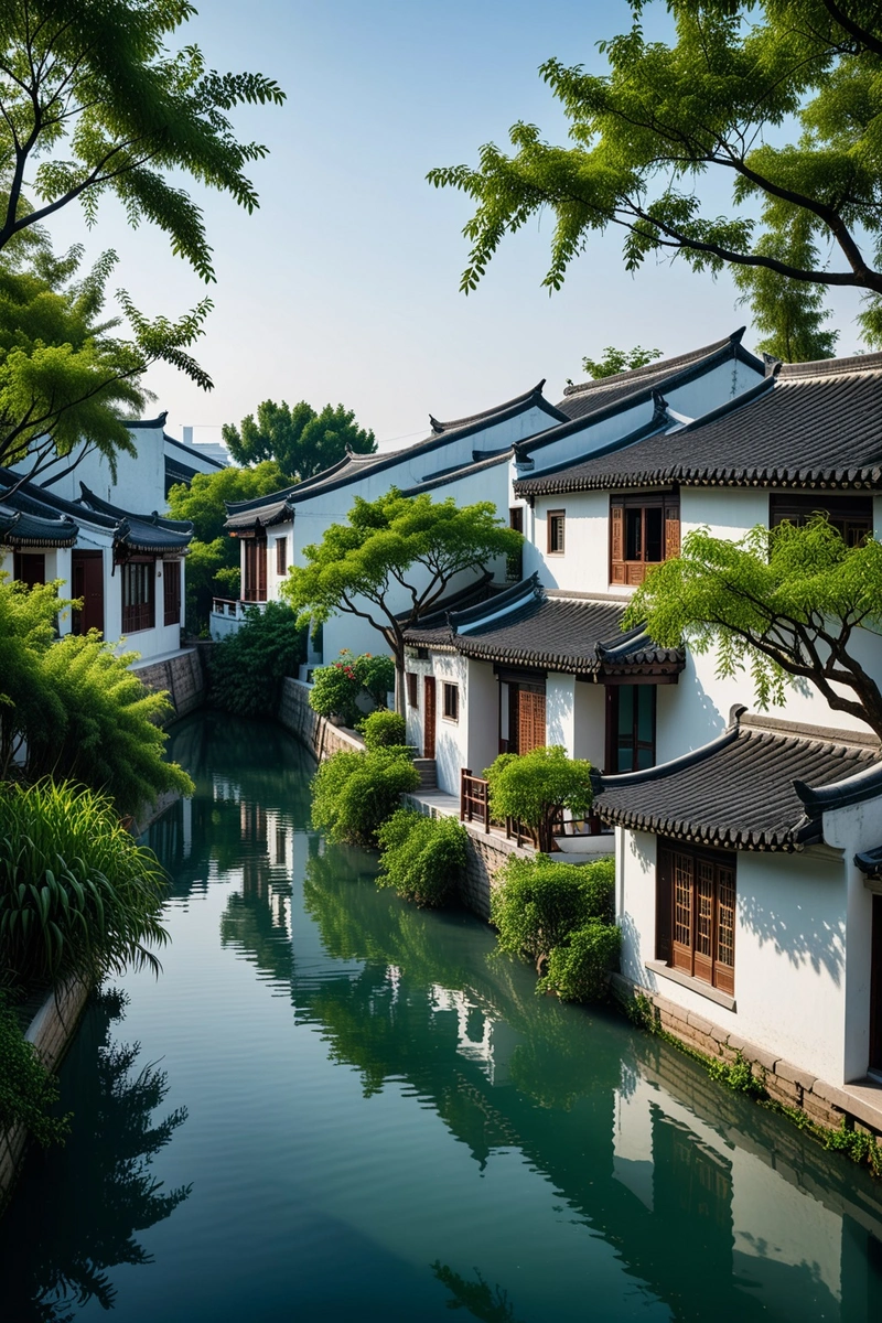 一排黑色瓦顶、白色墙和大窗户的中国传统房屋坐落在运河边。房子里装饰着植物和树木,营造出一种宁静祥和的氛围。天空清澈湛蓝,运河里的水倒映着白色的房屋和绿色的植物,给景色增添了一抹清新。 一排黑色瓦顶、白色墙和大窗户的中国传统房屋坐落在运河边。房子里装饰着植物和树木,营造出一种宁静祥和的氛围。天空清澈湛蓝,运河里的水倒映着白色的房屋和绿色的植物,给景色增添了一抹清新。