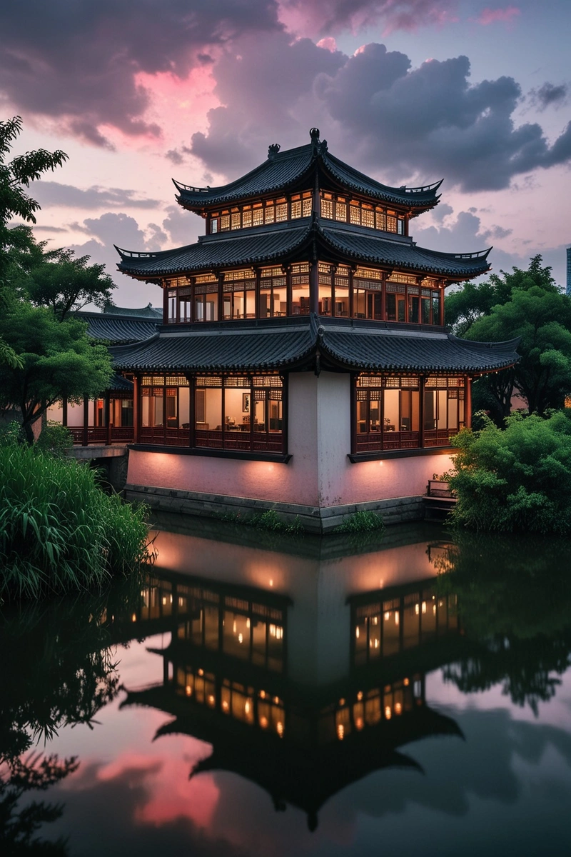 黄昏时分,一座黑白相间的中式建筑坐落在河边。天空中夹杂着粉红色和灰色的云。这座建筑有大窗户和黑色屋顶。建筑物在河中的倒影是模糊的,前景有高大的绿色植物。这张照片景深很浅。 黄昏时分,一座黑白相间的中式建筑坐落在河边。天空中夹杂着粉红色和灰色的云。这座建筑有大窗户和黑色屋顶。建筑物在河中的倒影是模糊的,前景有高大的绿色植物。这张照片景深很浅。