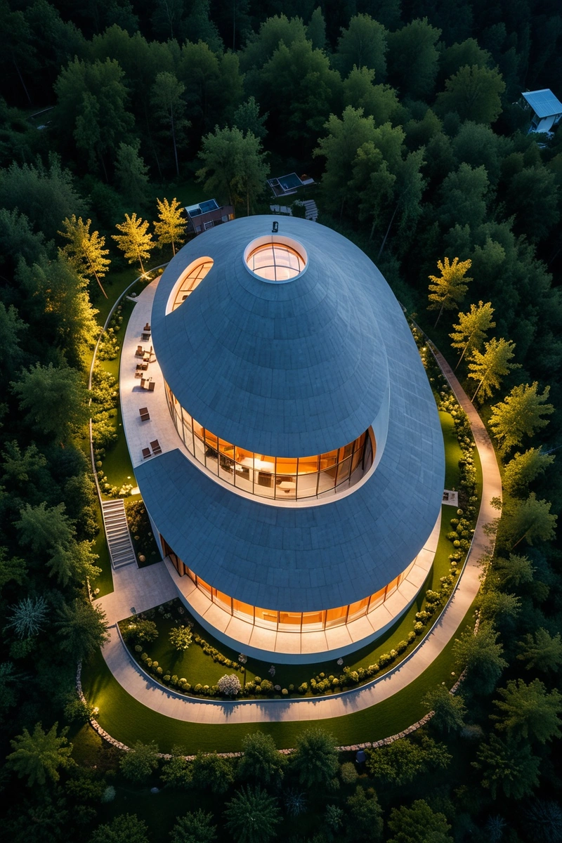位于山区的弧形屋顶建筑物的鸟瞰图建筑周围是郁郁葱葱的景观,包括森林和花园。这座建筑具有现代风格,有大窗户和灰色屋顶。建筑内部的照明灯亮起,营造出温暖的氛围。这张照片是在黄昏拍摄的,从天空中温暖的橙色色调可以看出。这张照片是用无人机拍摄的,以独特的视角拍摄了这座建筑及其周围环境。 位于山区的弧形屋顶建筑物的鸟瞰图建筑周围是郁郁葱葱的景观,包括森林和花园。这座建筑具有现代风格,有大窗户和灰色屋顶。建筑内部的照明灯亮起,营造出温暖的氛围。这张照片是在黄昏拍摄的,从天空中温暖的橙色色调可以看出。这张照片是用无人机拍摄的,以独特的视角拍摄了这座建筑及其周围环境。