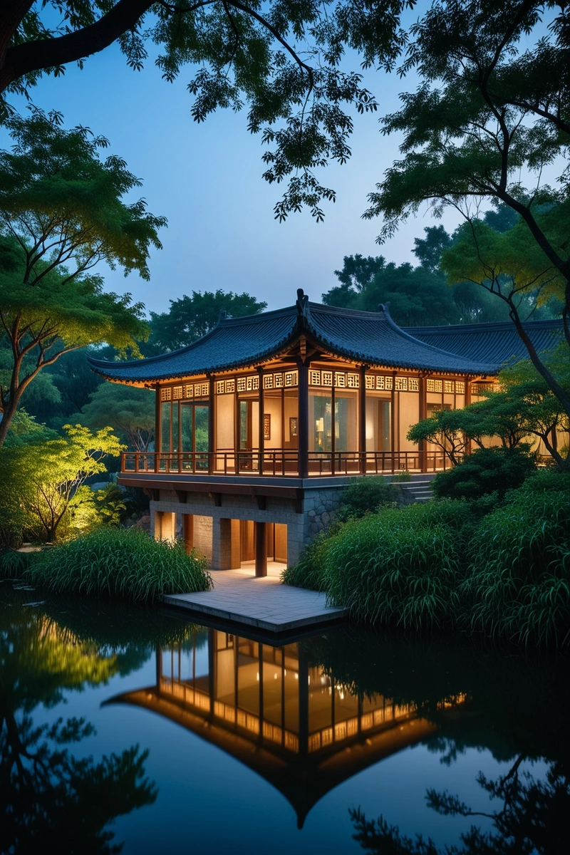 这幅图展现了中国湿地博物馆的宁静和宁静。该建筑位于水边,具有独特的中国建筑风格,茅草屋顶和大玻璃窗。外部装饰着郁郁葱葱的树木和灌木,创造了自然与建筑的和谐融合。建筑内部的灯光照亮了室内,在空间上投射出温暖的光芒。这张照片是在黄昏时拍摄的,从柔和、温暖的光线和天空中略带蓝色的色调可以看出。整体的氛围是和平和邀请,使它成为一个理想的地方,了解和欣赏自然环境。 这幅图展现了中国湿地博物馆的宁静和宁静。该建筑位于水边,具有独特的中国建筑风格,茅草屋顶和大玻璃窗。外部装饰着郁郁葱葱的树木和灌木,创造了自然与建筑的和谐融合。建筑内部的灯光照亮了室内,在空间上投射出温暖的光芒。这张照片是在黄昏时拍摄的,从柔和、温暖的光线和天空中略带蓝色的色调可以看出。整体的氛围是和平和邀请,使它成为一个理想的地方,了解和欣赏自然环境。