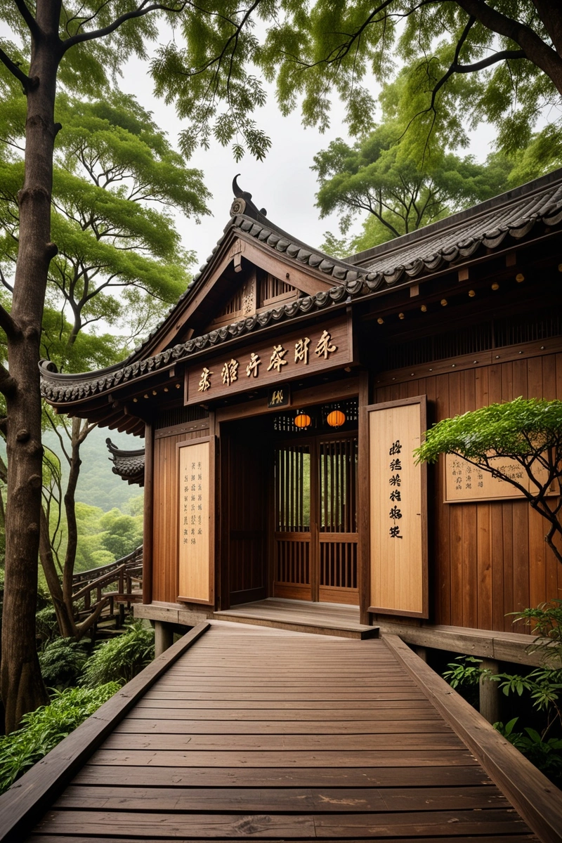 一座木构建筑的外观,上面写着“灵隐寺”。该建筑坐落在森林中,有一条木制走道通向它。天空是阴天,但建筑内的光线创造了一种温暖而诱人的氛围。建筑的设计和材料给人一种质朴自然的感觉,与周围的森林环境和谐相处。 一座木构建筑的外观,上面写着“灵隐寺”。该建筑坐落在森林中,有一条木制走道通向它。天空是阴天,但建筑内的光线创造了一种温暖而诱人的氛围。建筑的设计和材料给人一种质朴自然的感觉,与周围的森林环境和谐相处。
