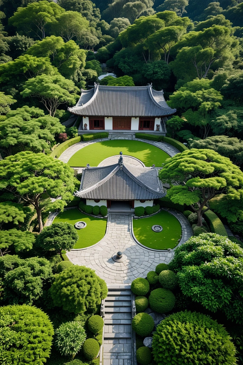 这是一座中国传统建筑的鸟瞰图,灰瓦白墙,周围是郁郁葱葱的茶园。该建筑以传统的中国园林设计为特色,有分层花园、石阶和圆形入口大门。这幅画捕捉了中国传统建筑和园林设计的精髓,营造了一种宁静祥和的氛围。 这是一座中国传统建筑的鸟瞰图,灰瓦白墙,周围是郁郁葱葱的茶园。该建筑以传统的中国园林设计为特色,有分层花园、石阶和圆形入口大门。这幅画捕捉了中国传统建筑和园林设计的精髓,营造了一种宁静祥和的氛围。