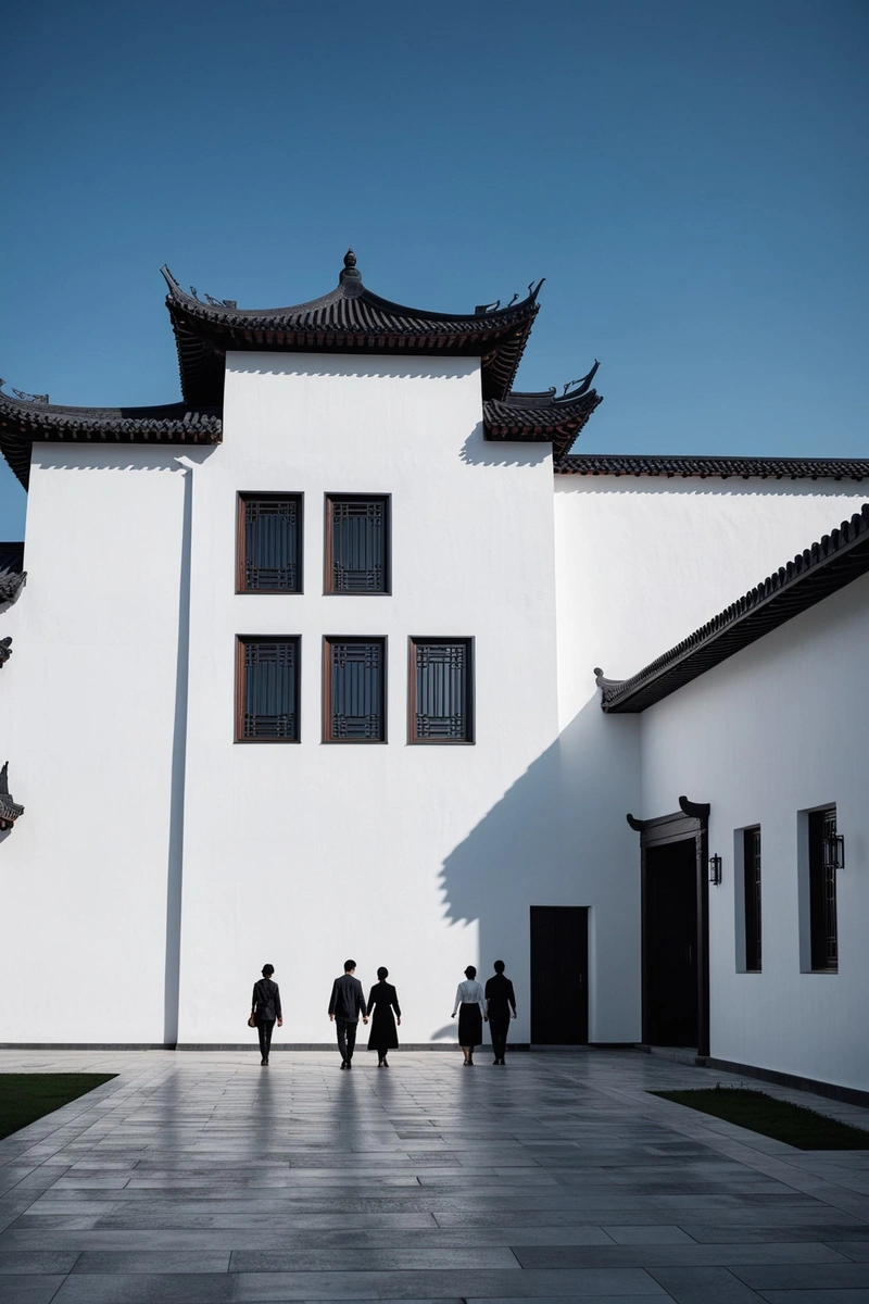 一群人走在一座黑色屋顶的白色建筑前。该建筑具有传统的中国风格,黑白墙壁和深色木材为主。天空晴朗而湛蓝。 一群人走在一座黑色屋顶的白色建筑前。该建筑具有传统的中国风格,黑白墙壁和深色木材为主。天空晴朗而湛蓝。