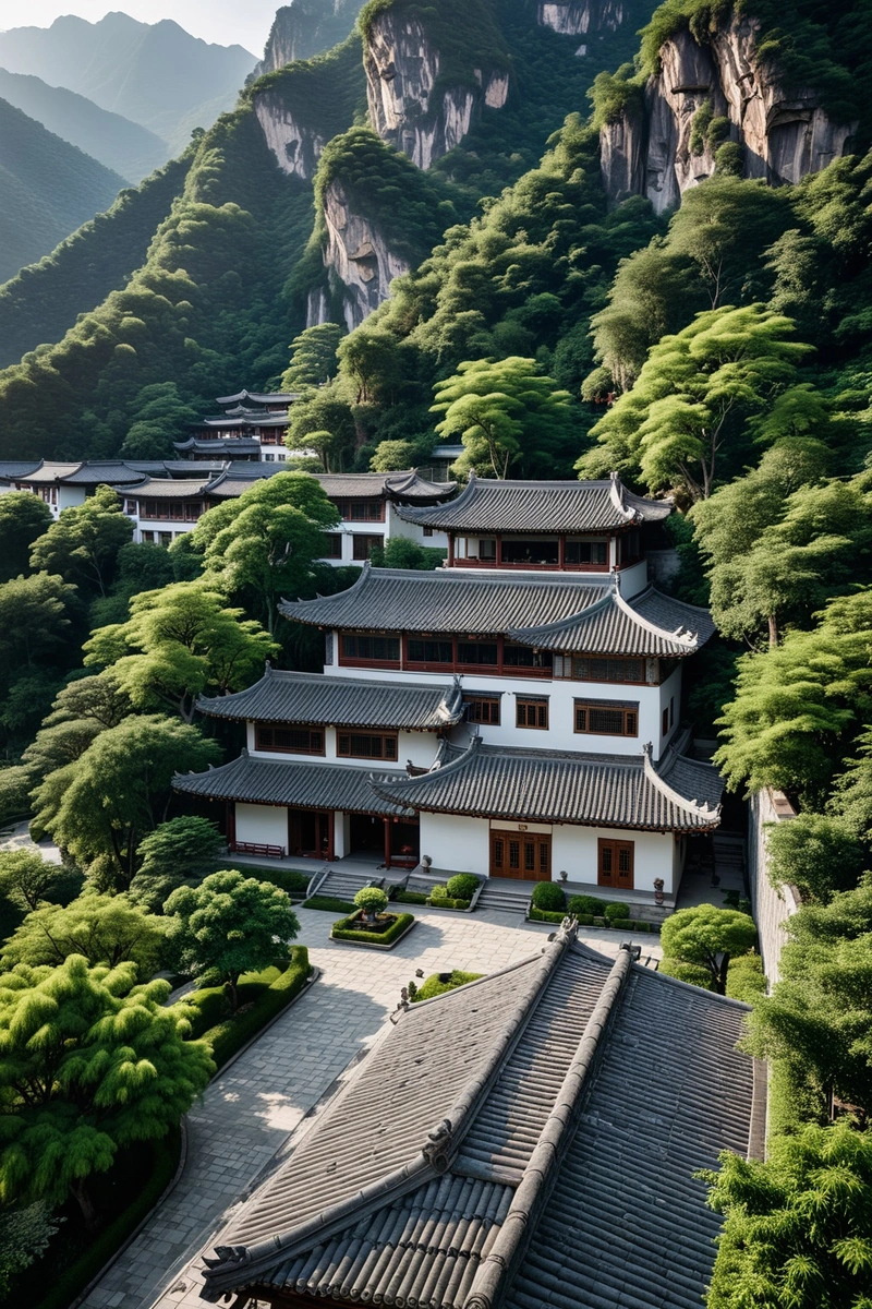 鸟瞰中国四合院酒店，周围是郁郁葱葱的绿色植物和山脉。酒店以传统的中国建筑元素为特色，如灰瓦屋顶和白墙。整体风格是自然与建筑的和谐融合。这幅图捕捉到了中国传统好客的精髓和该地区美丽的风景。