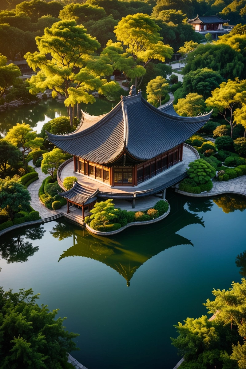 鸟瞰图,一座传统的中国建筑,有一个弯曲的屋顶和一个反射池。这座建筑被一个绿树成荫的花园和一个湖泊所环绕。屋顶由黑色瓷砖制成,整体风格是传统与现代元素的混合。这幅图像有一种温暖的金色光线,来自夕阳。该建筑坐落在一个宁静的自然环境中。 鸟瞰图,一座传统的中国建筑,有一个弯曲的屋顶和一个反射池。这座建筑被一个绿树成荫的花园和一个湖泊所环绕。屋顶由黑色瓷砖制成,整体风格是传统与现代元素的混合。这幅图像有一种温暖的金色光线,来自夕阳。该建筑坐落在一个宁静的自然环境中。