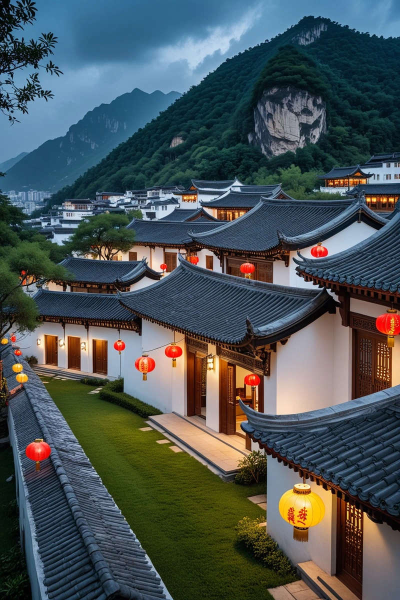 一长排平顶的白色建筑坐落在草地上。这些建筑由小庭院连接起来,装饰着中国传统的特色,如装饰屋檐和红灯笼。这些建筑坐落在山脉的前面,被黄色的灯光照亮。天空是蓝色和灰色的混合,表明这是一个阴天。这个形象是中国传统建筑和设计的完美体现。 一长排平顶的白色建筑坐落在草地上。这些建筑由小庭院连接起来,装饰着中国传统的特色,如装饰屋檐和红灯笼。这些建筑坐落在山脉的前面,被黄色的灯光照亮。天空是蓝色和灰色的混合,表明这是一个阴天。这个形象是中国传统建筑和设计的完美体现。