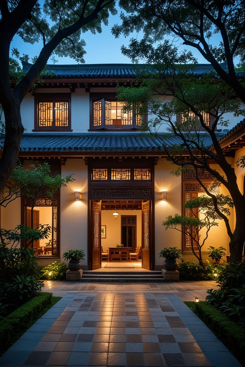 一个宁静的庭院被传统中国建筑的室内灯光照亮,大窗户和瓦片屋顶。这座建筑四周是郁郁葱葱的花园和高大的树木。天空是深蓝色的,灯光营造出一种温暖而诱人的氛围。建筑和花园的整体风格是宁静而优雅的,元素的构图和谐。这张图片捕捉到了室内外空间的美,展示了建筑细节和自然环境。 一个宁静的庭院被传统中国建筑的室内灯光照亮,大窗户和瓦片屋顶。这座建筑四周是郁郁葱葱的花园和高大的树木。天空是深蓝色的,灯光营造出一种温暖而诱人的氛围。建筑和花园的整体风格是宁静而优雅的,元素的构图和谐。这张图片捕捉到了室内外空间的美,展示了建筑细节和自然环境。
