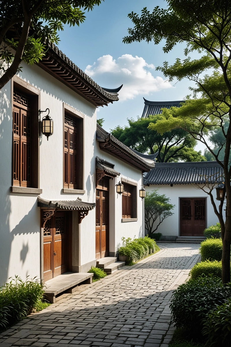 图中是一座传统的中国四合院,屋顶灰瓦,木门木窗。这座房子是用灰砖和白墙建造的。房子坐落在郁郁葱葱的绿色环境中,周围有树木和草。一条石板路通向房子的入口。路的左边有一张长凳,旁边有一根灯柱。天空是蓝色的,有白云,预示着晴天。这个形象是中国传统建筑风格的完美体现。 图中是一座传统的中国四合院,屋顶灰瓦,木门木窗。这座房子是用灰砖和白墙建造的。房子坐落在郁郁葱葱的绿色环境中,周围有树木和草。一条石板路通向房子的入口。路的左边有一张长凳,旁边有一根灯柱。天空是蓝色的,有白云,预示着晴天。这个形象是中国传统建筑风格的完美体现。