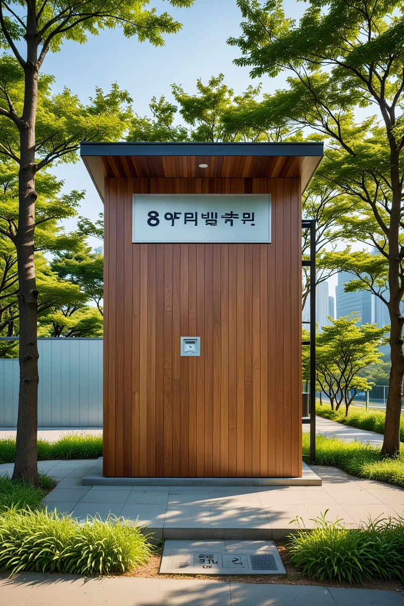 这是一座现代的公共厕所建筑,外观是木制的,用韩国语写着“olleh sodam”,表明这是一个厕所。这座建筑坐落在一个公园里,周围有草和树。天空晴朗而湛蓝,表明今天是晴天。 这是一座现代的公共厕所建筑,外观是木制的,用韩国语写着“olleh sodam”,表明这是一个厕所。这座建筑坐落在一个公园里,周围有草和树。天空晴朗而湛蓝,表明今天是晴天。