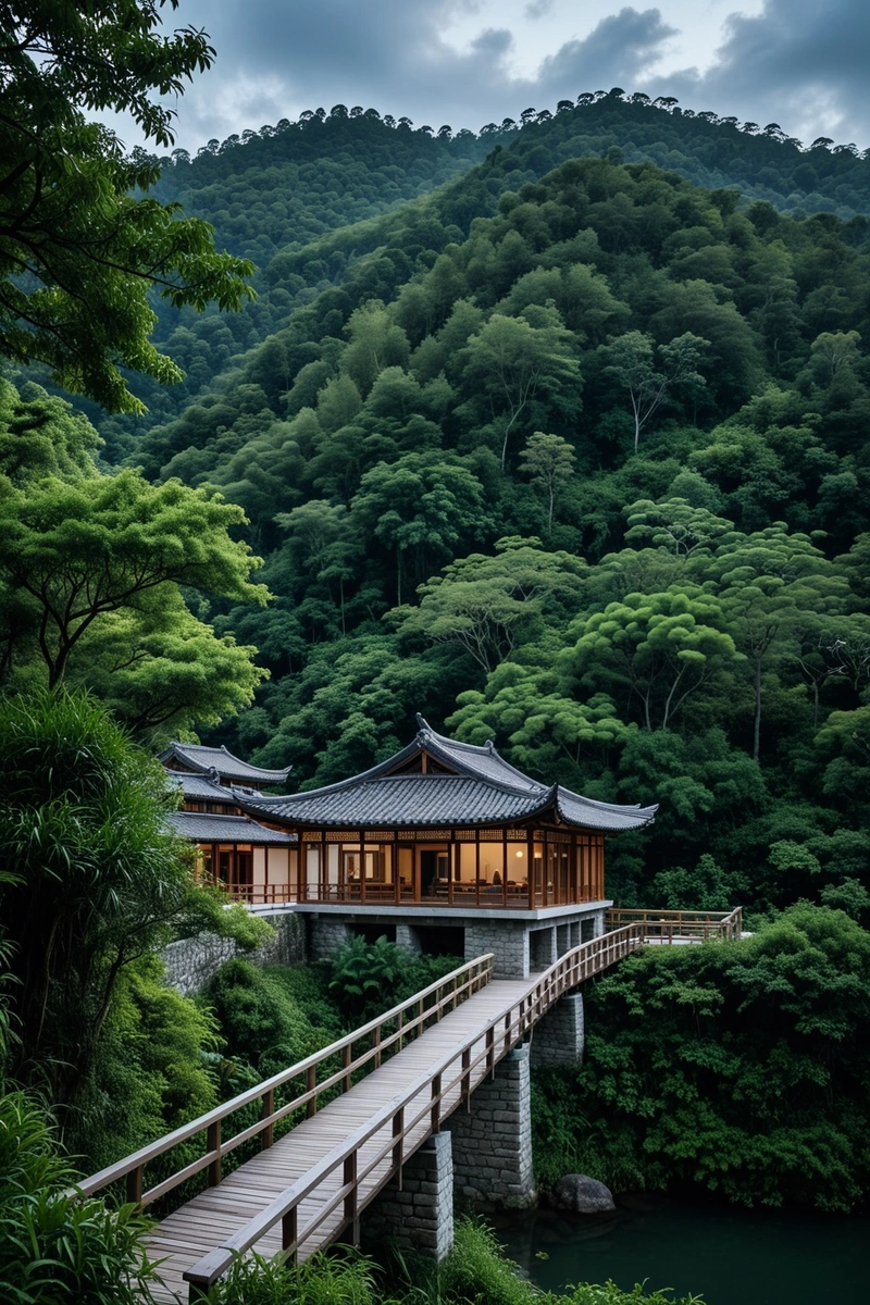 这幅图描绘了一座美丽的中国式建筑,坐落在茂密的森林中。建筑坐落在山坡上,俯瞰下面的水稻梯田。天空多云,投下一种温暖而忧郁的光。该建筑由白色石材制成,一侧有玻璃幕墙,可以欣赏到周围景观的壮丽景色。该建筑融合了传统和现代风格,有木屋檐和玻璃围墙。建筑被高大的树木环绕,营造出一种隐居和宁静的感觉。图像由通向建筑的木桥构成,增加了冒险和发现的感觉。图像的整体情绪是宁静祥和的,景观的自然美占据了中心舞台。 这幅图描绘了一座美丽的中国式建筑,坐落在茂密的森林中。建筑坐落在山坡上,俯瞰下面的水稻梯田。天空多云,投下一种温暖而忧郁的光。该建筑由白色石材制成,一侧有玻璃幕墙,可以欣赏到周围景观的壮丽景色。该建筑融合了传统和现代风格,有木屋檐和玻璃围墙。建筑被高大的树木环绕,营造出一种隐居和宁静的感觉。图像由通向建筑的木桥构成,增加了冒险和发现的感觉。图像的整体情绪是宁静祥和的,景观的自然美占据了中心舞台。