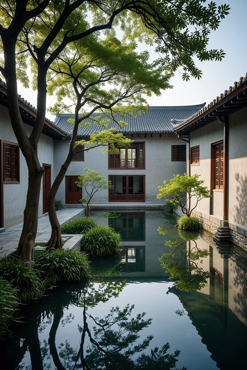 一个宁静的庭院,一个池塘和一棵树是这幅图像的焦点。庭院四周是两层楼高、有大窗户的建筑。左边的建筑是一座灰色墙壁的现代建筑,右边的是一座灰色屋顶和外露木梁的传统中式建筑。房子坐落在一个安静的社区,背景是其他建筑。天空晴朗而湛蓝,表明今天是晴天。这个场景以池塘为中心元素,建筑和树木形成平衡的构图。图片使用了冷色调色板,灰色的墙壁和池塘里的水反射光线。形象的整体风格是宁静和谐的,体现了中国传统的明珠或与自然和谐相处的价值观。 一个宁静的庭院,一个池塘和一棵树是这幅图像的焦点。庭院四周是两层楼高、有大窗户的建筑。左边的建筑是一座灰色墙壁的现代建筑,右边的是一座灰色屋顶和外露木梁的传统中式建筑。房子坐落在一个安静的社区,背景是其他建筑。天空晴朗而湛蓝,表明今天是晴天。这个场景以池塘为中心元素,建筑和树木形成平衡的构图。图片使用了冷色调色板,灰色的墙壁和池塘里的水反射光线。形象的整体风格是宁静和谐的,体现了中国传统的明珠或与自然和谐相处的价值观。