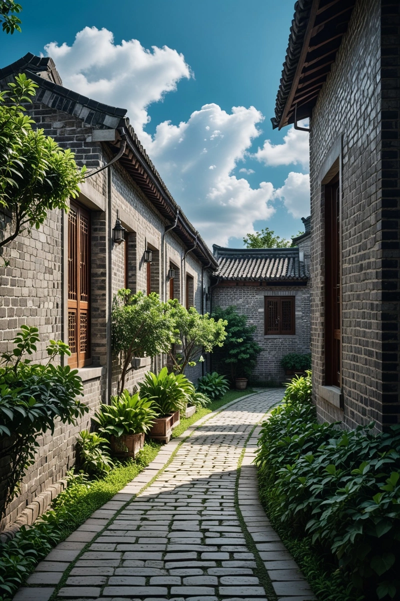 一排灰色的砖房,中间有阳台和石砌小路。这些房子有传统的中国建筑元素,周围都是绿色植物。天空是蓝色的,有白云。 一排灰色的砖房,中间有阳台和石砌小路。这些房子有传统的中国建筑元素,周围都是绿色植物。天空是蓝色的,有白云。