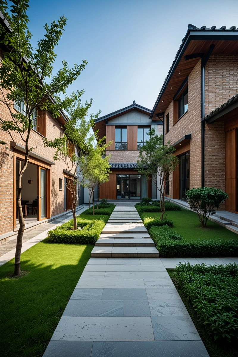 这幅图展示了一个有四所房子的现代住宅综合体的庭院。这些房屋采用当代中国建筑风格设计,以斜屋顶和石、木、砖混合材料为特色。房屋排成一排,中央走道和台阶将它们连接起来。人行道两旁绿树成荫,提供了一个宁静的绿色环境。房子坐落在晴朗的蓝天下,预示着一个明媚的晴天。整体构图平衡和谐,以庭院作为中心焦点。色彩和材料的使用为场景增添了温暖和质感。庭院是居民聚会、社交和享受户外活动的诱人空间。 这幅图展示了一个有四所房子的现代住宅综合体的庭院。这些房屋采用当代中国建筑风格设计,以斜屋顶和石、木、砖混合材料为特色。房屋排成一排,中央走道和台阶将它们连接起来。人行道两旁绿树成荫,提供了一个宁静的绿色环境。房子坐落在晴朗的蓝天下,预示着一个明媚的晴天。整体构图平衡和谐,以庭院作为中心焦点。色彩和材料的使用为场景增添了温暖和质感。庭院是居民聚会、社交和享受户外活动的诱人空间。