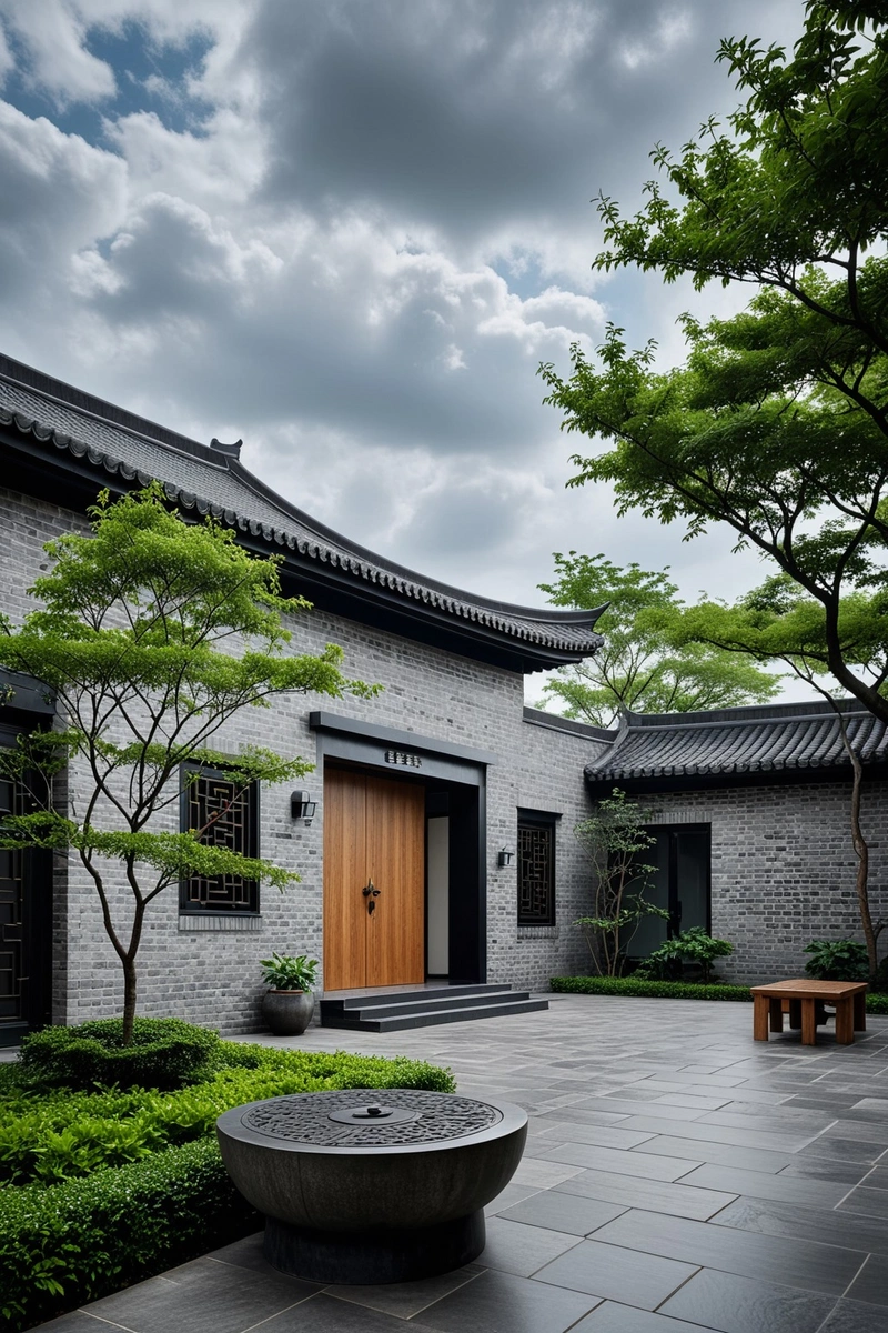 这幅图展示了一座黑色屋顶的现代建筑,坐落在一个宁静的院子里。该建筑以传统的中国建筑元素为特色,入口处有灰色砖墙和装饰轮。院子里绿树成荫,绿草如茵。天空阴沉沉的,乌云密布,营造出一种忧郁的气氛。该图像还包括一条人行道,一条长凳和几把椅子,邀请游客坐下来放松。建筑和庭院的整体风格是现代设计和传统中国元素的和谐融合。 这幅图展示了一座黑色屋顶的现代建筑,坐落在一个宁静的院子里。该建筑以传统的中国建筑元素为特色,入口处有灰色砖墙和装饰轮。院子里绿树成荫,绿草如茵。天空阴沉沉的,乌云密布,营造出一种忧郁的气氛。该图像还包括一条人行道,一条长凳和几把椅子,邀请游客坐下来放松。建筑和庭院的整体风格是现代设计和传统中国元素的和谐融合。