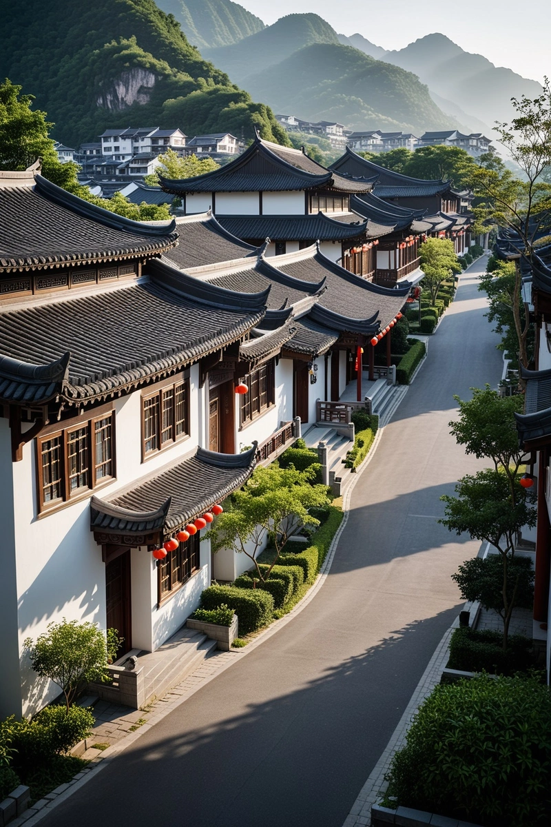这幅图展示了一个现代中国风格的村庄,融合了传统和现代建筑元素。这些建筑是白色的木制建筑,屋顶和阳台都是黑色的。它们坐落在一条安静的路边,前面有一个小花园。这个村庄有一种宁静祥和的气氛。 这幅图展示了一个现代中国风格的村庄,融合了传统和现代建筑元素。这些建筑是白色的木制建筑,屋顶和阳台都是黑色的。它们坐落在一条安静的路边,前面有一个小花园。这个村庄有一种宁静祥和的气氛。