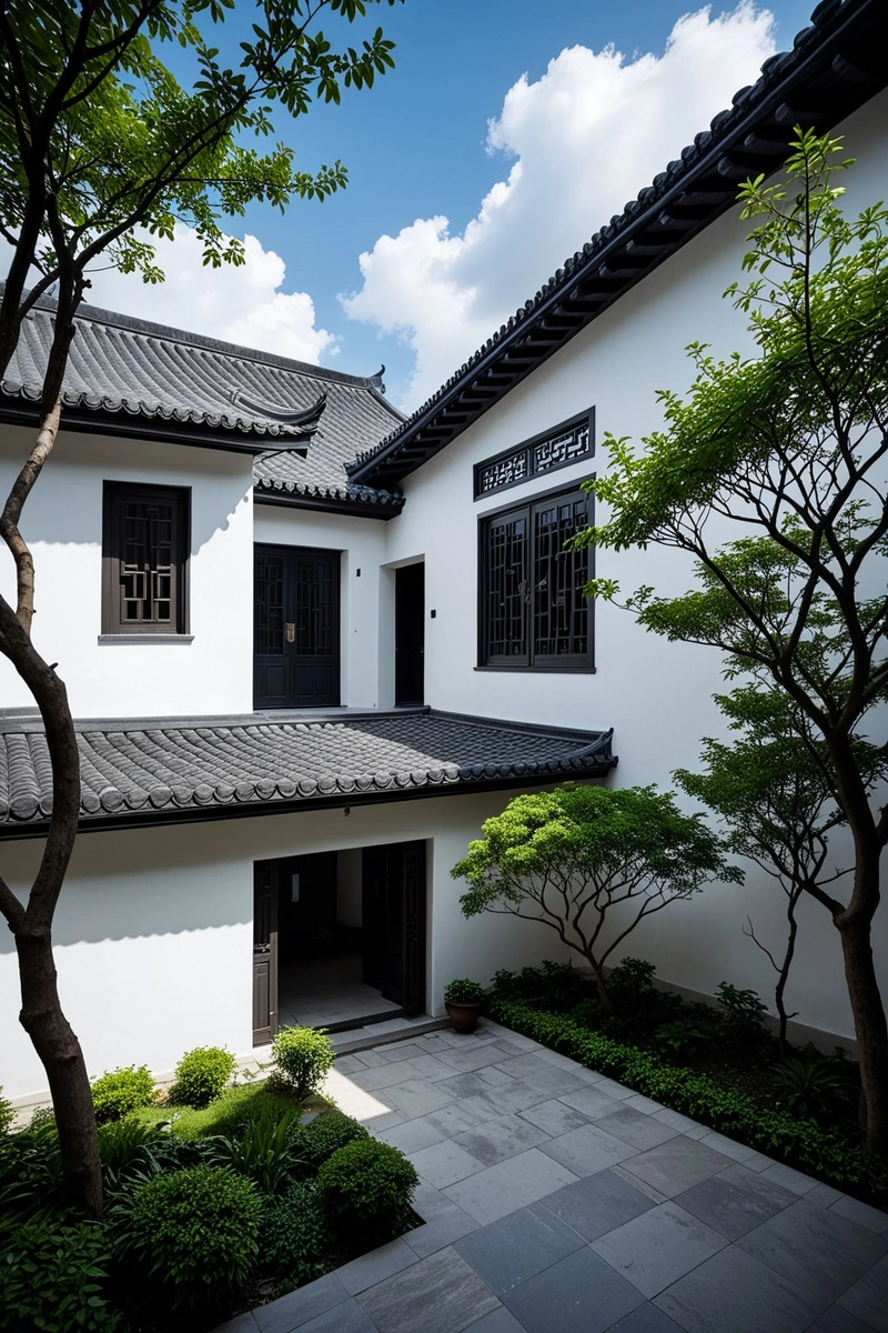 这张照片展示了一个中国村庄的庭院,具有中国传统建筑元素。院落两侧的建筑均为斜屋顶,屋檐略入院落。屋顶是灰瓦,墙壁是白色的。屋檐由黑色钢梁支撑,与浅灰色的屋顶和白色的墙壁形成对比。庭院被绿植包围,包括树木和草地。天空多云,灰色的云散落在蓝天上。建筑和庭院的整体风格散发出一种宁静而传统的氛围。这幅图是传统建筑元素如何融入现代建筑的一个很好的例子,创造了一个和谐和视觉上令人愉悦的环境。 这张照片展示了一个中国村庄的庭院,具有中国传统建筑元素。院落两侧的建筑均为斜屋顶,屋檐略入院落。屋顶是灰瓦,墙壁是白色的。屋檐由黑色钢梁支撑,与浅灰色的屋顶和白色的墙壁形成对比。庭院被绿植包围,包括树木和草地。天空多云,灰色的云散落在蓝天上。建筑和庭院的整体风格散发出一种宁静而传统的氛围。这幅图是传统建筑元素如何融入现代建筑的一个很好的例子,创造了一个和谐和视觉上令人愉悦的环境。