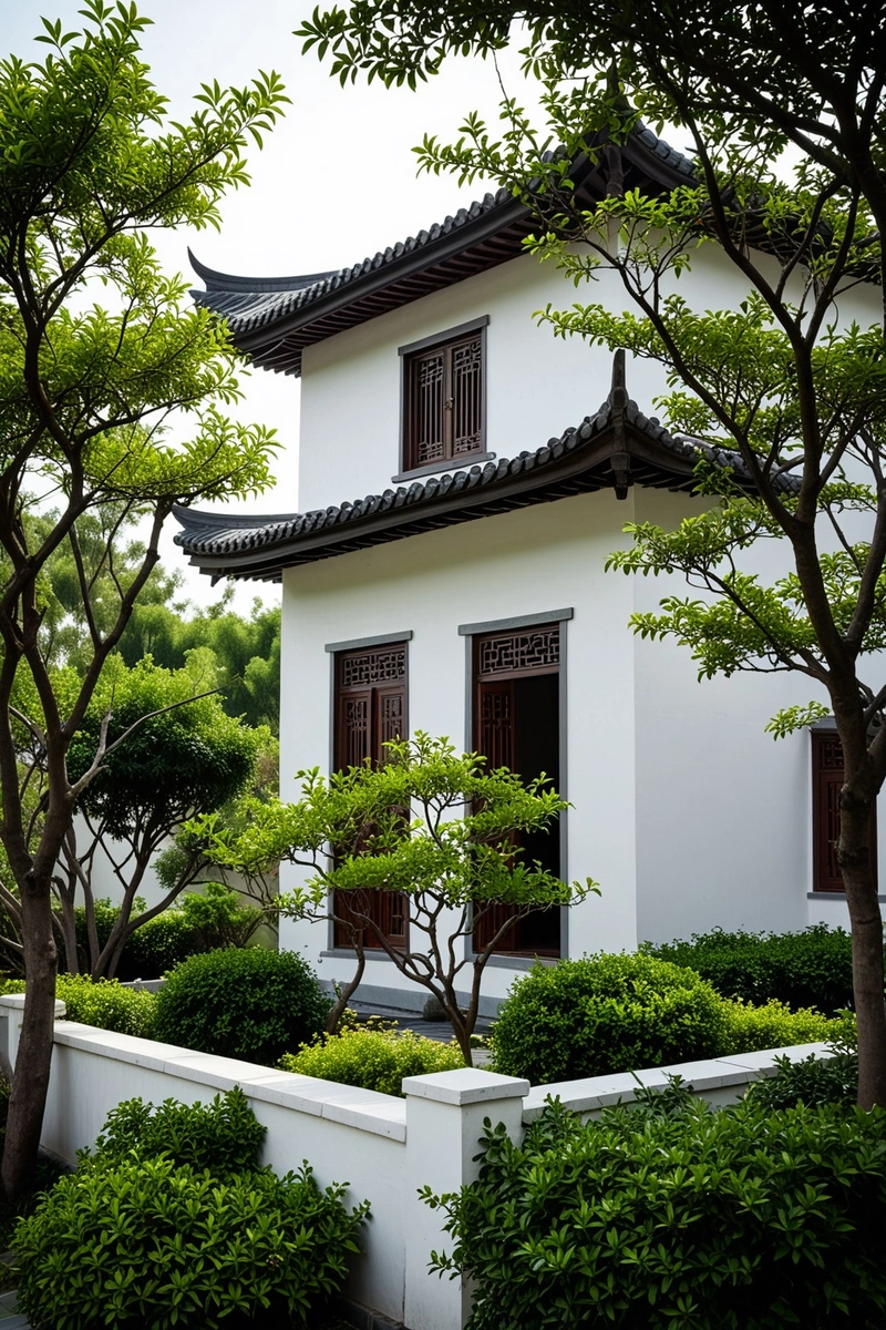 这张照片显示了一座灰色屋顶的白色两层建筑,位于农村地区。该建筑具有传统的中国建筑风格,以屋檐、阳台和装饰性的黑色瓷砖为特色。建筑周围是一个花园,里面有各种各样的植物,包括树木、灌木和小灌木。还有一些装饰元素,如一个鸟巢和一组三棵小树。整个氛围是平和而宁静的。 这张照片显示了一座灰色屋顶的白色两层建筑,位于农村地区。该建筑具有传统的中国建筑风格,以屋檐、阳台和装饰性的黑色瓷砖为特色。建筑周围是一个花园,里面有各种各样的植物,包括树木、灌木和小灌木。还有一些装饰元素,如一个鸟巢和一组三棵小树。整个氛围是平和而宁静的。