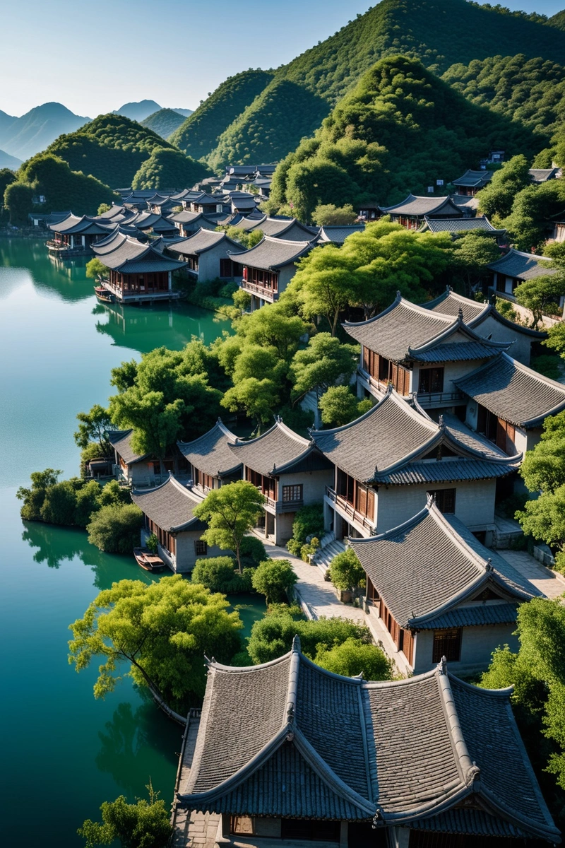 一个位于湖边的传统中国村庄的鸟瞰图。这个村庄由灰色的房子组成,墙壁是黑白的,屋顶是灰色的,窗户大小不一。屋顶是用灰瓦铺成的。房屋以随意的方式排列,赋予村庄独特的魅力。这个村庄被绿树环绕,包括树木和灌木丛,这增加了它的美丽。天空是蓝色的,阳光灿烂,在屋顶上投下阴影。湖是蓝色的,有小船漂在上面。这个村庄是中国传统建筑和设计的美丽代表。 一个位于湖边的传统中国村庄的鸟瞰图。这个村庄由灰色的房子组成,墙壁是黑白的,屋顶是灰色的,窗户大小不一。屋顶是用灰瓦铺成的。房屋以随意的方式排列,赋予村庄独特的魅力。这个村庄被绿树环绕,包括树木和灌木丛,这增加了它的美丽。天空是蓝色的,阳光灿烂,在屋顶上投下阴影。湖是蓝色的,有小船漂在上面。这个村庄是中国传统建筑和设计的美丽代表。