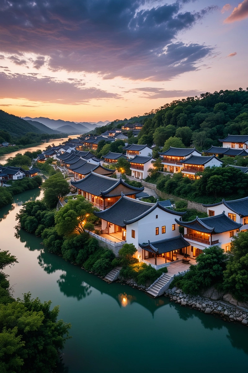 沿河的村庄鸟瞰图,具有传统的中国建筑风格。这些房子是白色的,屋顶是灰色的,散布在河岸上。这个村庄被郁郁葱葱的绿色植物和森林所环绕。天空是蓝色的,有缕缕云。这张照片是在黄昏拍摄的,从照亮房屋的温暖灯光和柔和、温暖的天空色调可以看出。整体景色宁静如画,传统建筑、自然景观和现代生活和谐融合。 沿河的村庄鸟瞰图,具有传统的中国建筑风格。这些房子是白色的,屋顶是灰色的,散布在河岸上。这个村庄被郁郁葱葱的绿色植物和森林所环绕。天空是蓝色的,有缕缕云。这张照片是在黄昏拍摄的,从照亮房屋的温暖灯光和柔和、温暖的天空色调可以看出。整体景色宁静如画,传统建筑、自然景观和现代生活和谐融合。
