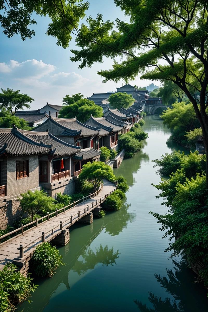 一排传统的中国房屋坐落在河边。房子是用灰砖砌成的,灰色的屋顶上种着绿色的植物。河中央有一座木桥,通向一条小路,两边种着两排小树。这些树种类繁多,高度也各不相同。天空很蓝,很少有云。这一幕捕捉到了中国传统乡村生活的精髓。 一排传统的中国房屋坐落在河边。房子是用灰砖砌成的,灰色的屋顶上种着绿色的植物。河中央有一座木桥,通向一条小路,两边种着两排小树。这些树种类繁多,高度也各不相同。天空很蓝,很少有云。这一幕捕捉到了中国传统乡村生活的精髓。