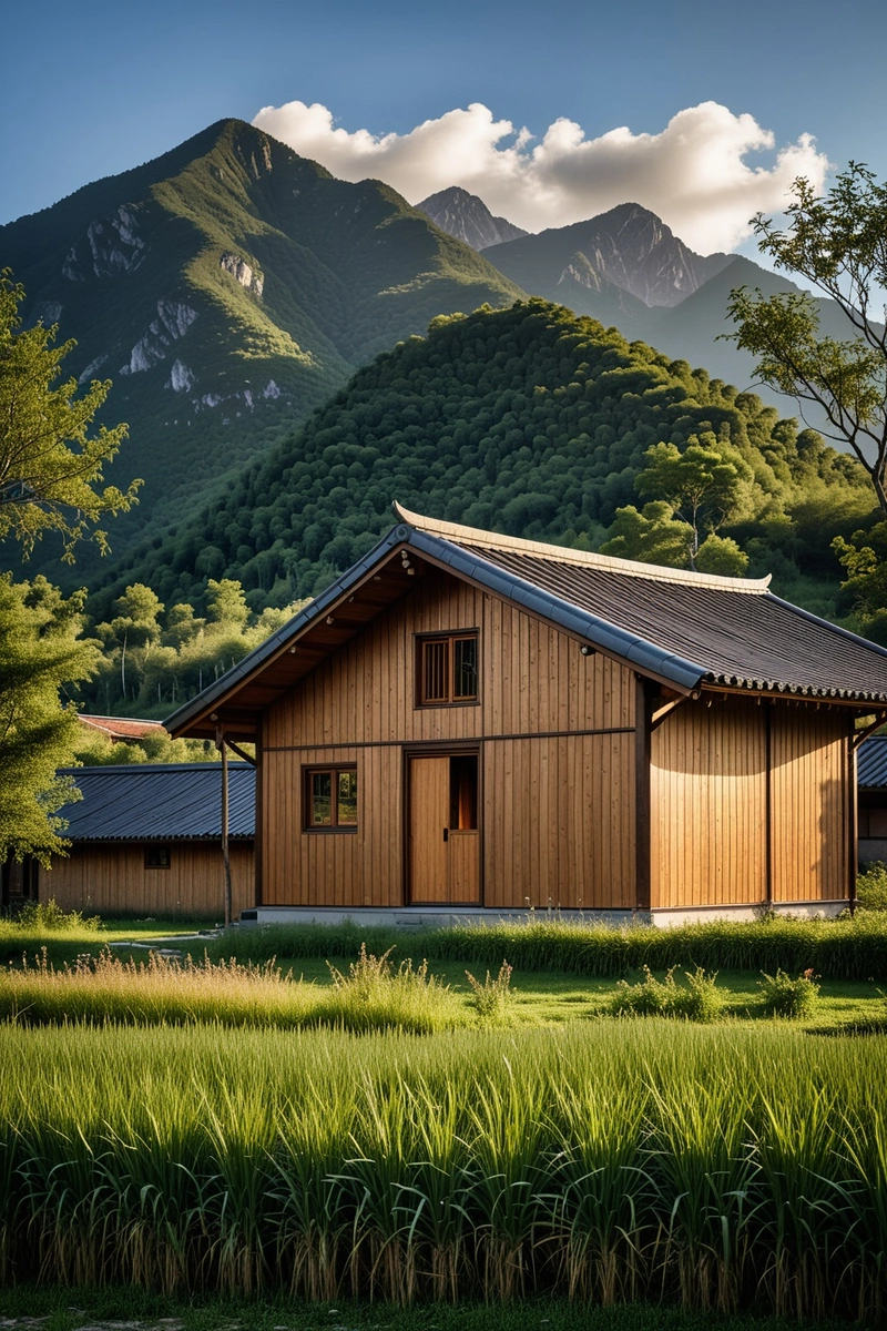 这幅图展示了一座长而低矮的建筑，金属屋顶，坐落在乡村景观中，前景是一片高大的草地，背景是山脉。该建筑以传统的中国山墙屋顶为特色，由当地材料制成，赋予其质朴和朴实的美学。外部装饰着许多木板，这也是建筑隔热的主要形式。建筑的设计和材料与周围环境和谐一致，创造了一种地方感和文化认同感。这幅画捕捉到了乡村生活的精髓和乡土设计的建筑美。