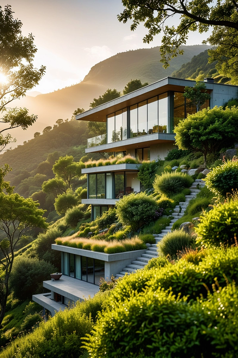 一座绿色屋顶的现代住宅坐落在俯瞰山谷的小山上。房子有大的玻璃窗和门,让自然光流过空间。屋顶覆盖着绿色植被,使房屋与周围环境融为一体。房子四周环绕着树木和灌木的花园,营造出宁静祥和的氛围。这座房子坐落在美丽的风景旁边,背景是起伏的丘陵和山谷。这张照片捕捉到了一个宁静的时刻,太阳照在山上,雾气弥漫,营造出梦幻般的气氛。 一座绿色屋顶的现代住宅坐落在俯瞰山谷的小山上。房子有大的玻璃窗和门,让自然光流过空间。屋顶覆盖着绿色植被,使房屋与周围环境融为一体。房子四周环绕着树木和灌木的花园,营造出宁静祥和的氛围。这座房子坐落在美丽的风景旁边,背景是起伏的丘陵和山谷。这张照片捕捉到了一个宁静的时刻,太阳照在山上,雾气弥漫,营造出梦幻般的气氛。