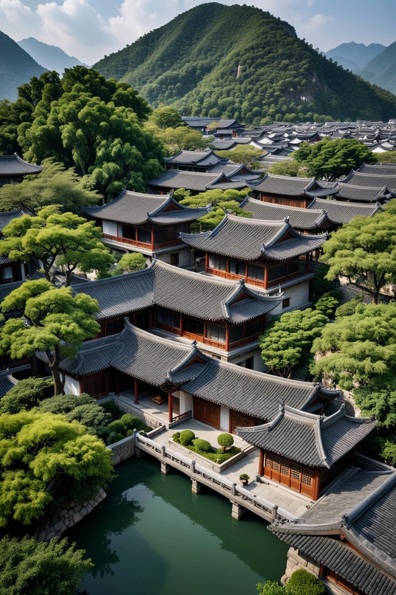 一座历史悠久的四合院鸟瞰图。这座房子位于城市的中心,周围环绕着山脉和河流。房子是木制的,屋顶是灰色的。这所房子是按照中国传统风格设计的,中间有一个大庭院。庭院周围有几个装满水的小水池。房子周围有几座小建筑,包括一座小木桥、一座小塔和一个小亭子。房子周围还有几棵小树和植物。房屋整体风格简约典雅,具有浓厚的中国文化气息。这张照片是在一个阴天拍摄的,背景是蓝天。 一座历史悠久的四合院鸟瞰图。这座房子位于城市的中心,周围环绕着山脉和河流。房子是木制的,屋顶是灰色的。这所房子是按照中国传统风格设计的,中间有一个大庭院。庭院周围有几个装满水的小水池。房子周围有几座小建筑,包括一座小木桥、一座小塔和一个小亭子。房子周围还有几棵小树和植物。房屋整体风格简约典雅,具有浓厚的中国文化气息。这张照片是在一个阴天拍摄的,背景是蓝天。