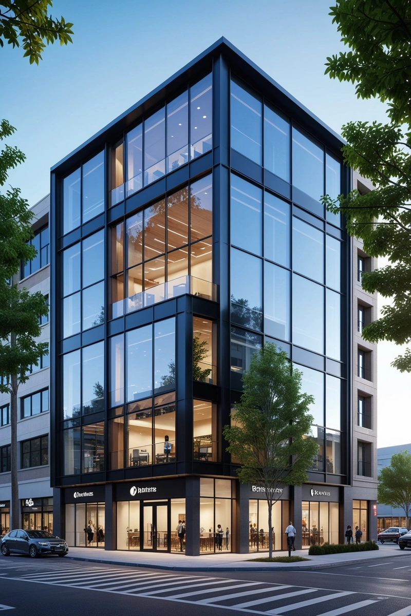 拟建项目的效果图显示了一座三层的商业建筑,采用玻璃幕墙。头两层是商店,而第三层是办公室。该建筑具有现代风格,线条简洁,极简主义美学。玻璃幕墙允许自然光进入商店和办公室,创造一个明亮和开放的氛围。建筑被树木环绕,提供了遮荫,增加了整体美感。该项目位于一个繁忙的城市地区,前景可以看到汽车和行人。天空湛蓝而清澈,表明今天是晴天。该建筑在三层被标记为行政,暗示它可能是管理下面商业空间的办公室。总的来说,这幅图展示了一个现代的、诱人的商业发展,非常适合它的城市环境。 拟建项目的效果图显示了一座三层的商业建筑,采用玻璃幕墙。头两层是商店,而第三层是办公室。该建筑具有现代风格,线条简洁,极简主义美学。玻璃幕墙允许自然光进入商店和办公室,创造一个明亮和开放的氛围。建筑被树木环绕,提供了遮荫,增加了整体美感。该项目位于一个繁忙的城市地区,前景可以看到汽车和行人。天空湛蓝而清澈,表明今天是晴天。该建筑在三层被标记为行政,暗示它可能是管理下面商业空间的办公室。总的来说,这幅图展示了一个现代的、诱人的商业发展,非常适合它的城市环境。