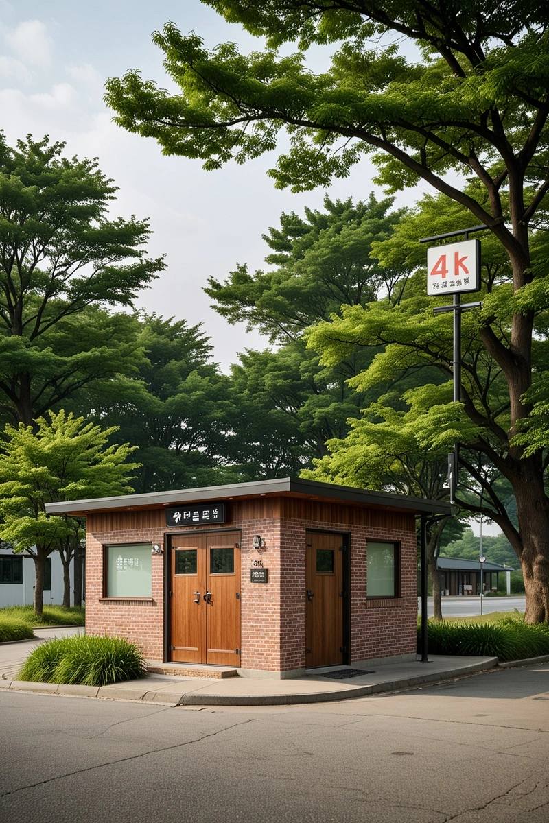 一个木头砖砌的厕所建筑坐落在一条路的拐角处,周围环绕着树木。该建筑有一个大入口和一个带顶棚的室外休息区。入口上方的指示牌用韩语写着“洗手间”。天空是阴的,建筑周围的草是绿色的。 一个木头砖砌的厕所建筑坐落在一条路的拐角处,周围环绕着树木。该建筑有一个大入口和一个带顶棚的室外休息区。入口上方的指示牌用韩语写着“洗手间”。天空是阴的,建筑周围的草是绿色的。