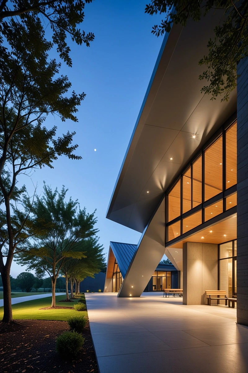 这幅图展示了一座具有独特三角形屋顶线的现代建筑。该建筑的特点是一个巨大的悬挑,覆盖了一个有盖的人行道,创造了一个欢迎的入口。屋顶采用轻质材料,使建筑外观光滑而精致。该建筑坐落在一个公园般的环境中,一棵树从悬垂的中心生长。周围的环境是宁静祥和的,整个区域都有几条长凳。建筑内的照明增强了其建筑特色,营造出一种温暖而诱人的氛围。这张照片是在黄昏拍摄的,天空被涂上了蓝色和灰色的渐变。建筑及其周围环境的整体风格是现代和极简主义的,强调自然元素。 这幅图展示了一座具有独特三角形屋顶线的现代建筑。该建筑的特点是一个巨大的悬挑,覆盖了一个有盖的人行道,创造了一个欢迎的入口。屋顶采用轻质材料,使建筑外观光滑而精致。该建筑坐落在一个公园般的环境中,一棵树从悬垂的中心生长。周围的环境是宁静祥和的,整个区域都有几条长凳。建筑内的照明增强了其建筑特色,营造出一种温暖而诱人的氛围。这张照片是在黄昏拍摄的,天空被涂上了蓝色和灰色的渐变。建筑及其周围环境的整体风格是现代和极简主义的,强调自然元素。