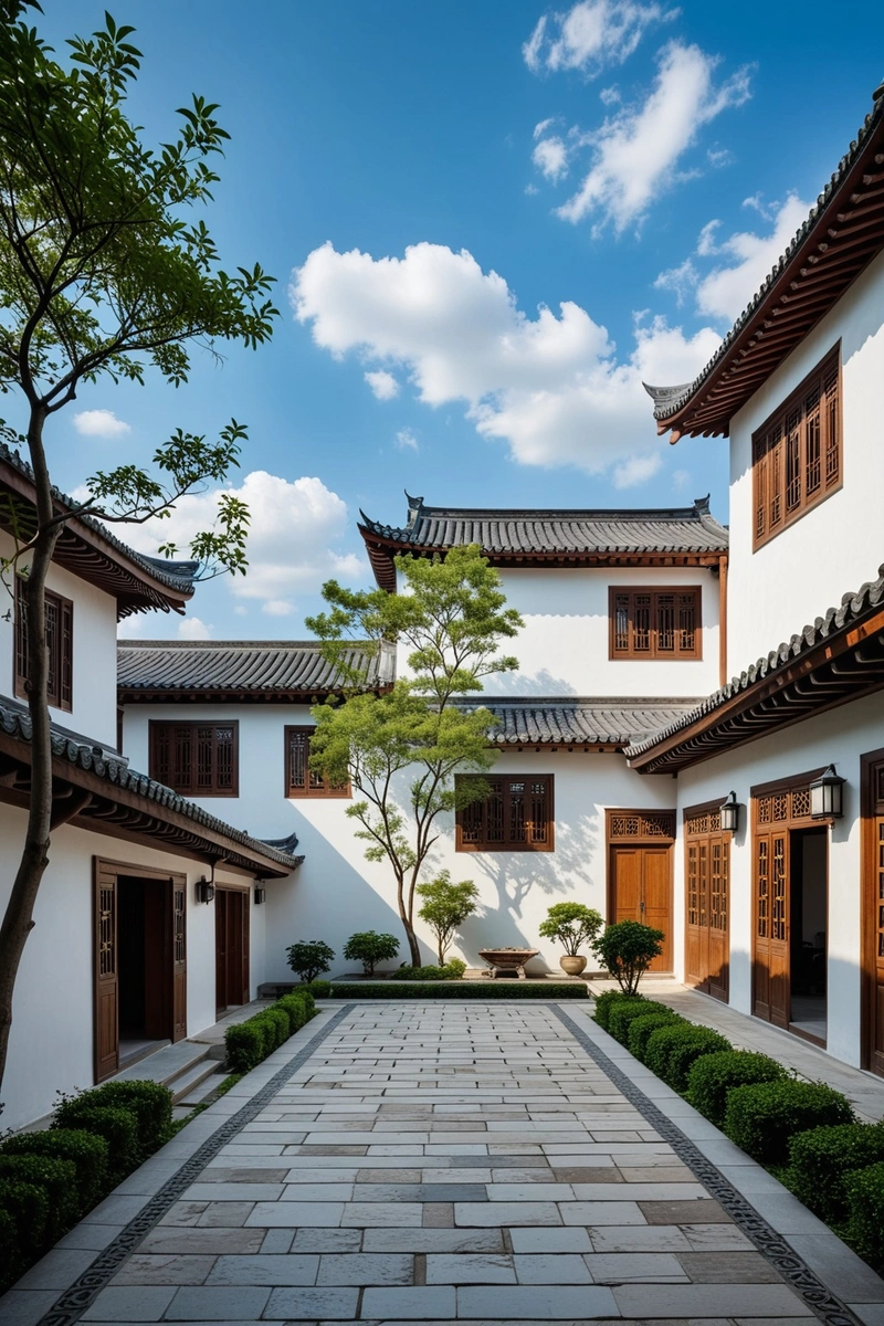 这幅图展示了一个带有中国传统建筑元素的宁静庭院。庭院周围有四座大型建筑,漆成白色,以木制为特色。这些建筑看起来像房子,有大窗户和各种屋顶风格。庭院本身维护得很好,一条长长的石径从左向右延伸,中间是一个小花园,远端是一个长方形的水池。天空湛蓝,白云缕缕,整体气氛宁静祥和。这个形象是中国传统建筑与现代设计相结合的一个很好的例子。 这幅图展示了一个带有中国传统建筑元素的宁静庭院。庭院周围有四座大型建筑,漆成白色,以木制为特色。这些建筑看起来像房子,有大窗户和各种屋顶风格。庭院本身维护得很好,一条长长的石径从左向右延伸,中间是一个小花园,远端是一个长方形的水池。天空湛蓝,白云缕缕,整体气氛宁静祥和。这个形象是中国传统建筑与现代设计相结合的一个很好的例子。