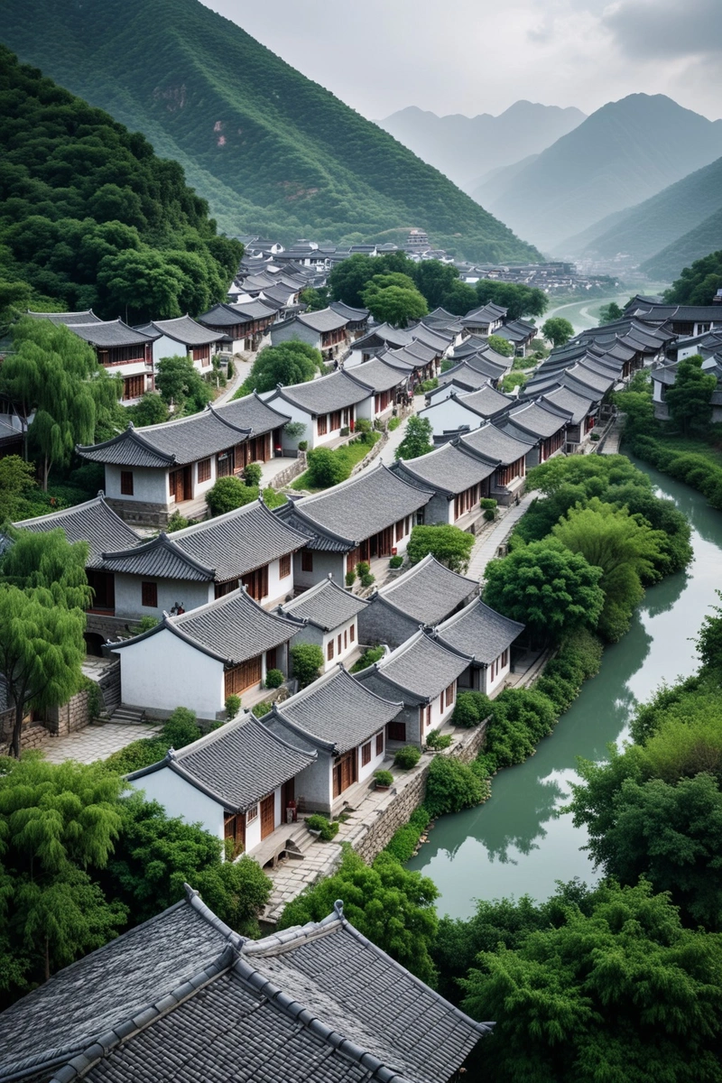 一个位于河边的传统中国村庄的鸟瞰图。这个村庄的特色是灰色和白色的中国传统建筑风格的房子,屋顶是灰色的瓦片。这些房子坐落在一个斜坡上,一些区域有开放的绿色空间。村庄四周是郁郁葱葱的绿色景观,远处是群山。天空灰蒙蒙的,阴沉沉的,预示着一个阴天。这个村庄是中国传统建筑和设计的美丽代表。 一个位于河边的传统中国村庄的鸟瞰图。这个村庄的特色是灰色和白色的中国传统建筑风格的房子,屋顶是灰色的瓦片。这些房子坐落在一个斜坡上,一些区域有开放的绿色空间。村庄四周是郁郁葱葱的绿色景观,远处是群山。天空灰蒙蒙的,阴沉沉的,预示着一个阴天。这个村庄是中国传统建筑和设计的美丽代表。