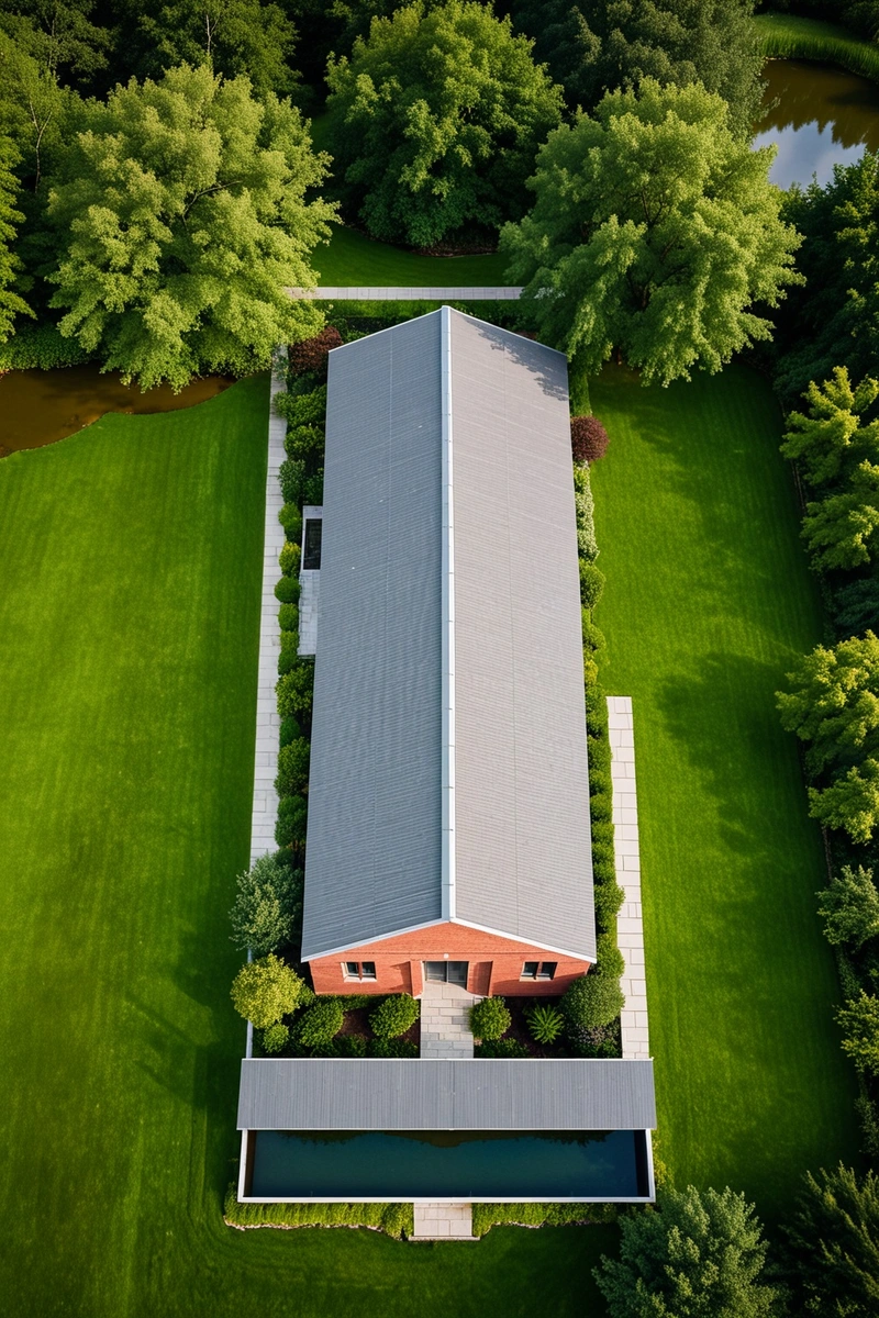 鸟瞰图:一座长而低矮的建筑,屋顶是灰色的,用红砖砌成。这座建筑坐落在一片绿色的草坪上,附近有一个池塘。建筑周围有几棵树,提供阴凉。该建筑具有现代风格,线条简洁,设计简单实用。周围环境宁静祥和,没有城市杂乱或噪音的迹象。这张照片的天空有点阴,给人一种忧郁、大气的感觉。建筑被郁郁葱葱的绿色景观所环绕,周围有草、树和一条小河。整体构图平衡和谐,以建筑为中心焦点。图像中的颜色选择是大地色调,红砖和灰色屋顶创造了一个温暖,诱人的氛围。 鸟瞰图:一座长而低矮的建筑,屋顶是灰色的,用红砖砌成。这座建筑坐落在一片绿色的草坪上,附近有一个池塘。建筑周围有几棵树,提供阴凉。该建筑具有现代风格,线条简洁,设计简单实用。周围环境宁静祥和,没有城市杂乱或噪音的迹象。这张照片的天空有点阴,给人一种忧郁、大气的感觉。建筑被郁郁葱葱的绿色景观所环绕,周围有草、树和一条小河。整体构图平衡和谐,以建筑为中心焦点。图像中的颜色选择是大地色调,红砖和灰色屋顶创造了一个温暖,诱人的氛围。