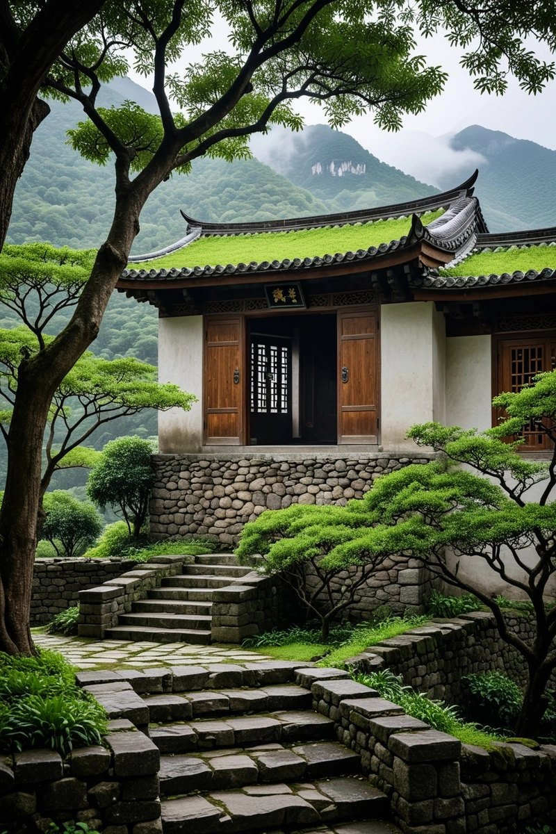 一座宁静的灰色石头建筑坐落在山脉中,有着传统的中国屋顶。该建筑以木制屋檐和百叶窗为特色,屋顶覆盖着绿色的苔藓。入口由木门和木窗构成,墙壁上装饰着石雕。通往入口的台阶两旁种满了草,建筑旁边生长着一棵大树。天空阴沉沉的,有一点雾。这幅画是中国传统建筑的典范,与周围的自然环境浑然一体。 一座宁静的灰色石头建筑坐落在山脉中,有着传统的中国屋顶。该建筑以木制屋檐和百叶窗为特色,屋顶覆盖着绿色的苔藓。入口由木门和木窗构成,墙壁上装饰着石雕。通往入口的台阶两旁种满了草,建筑旁边生长着一棵大树。天空阴沉沉的,有一点雾。这幅画是中国传统建筑的典范,与周围的自然环境浑然一体。