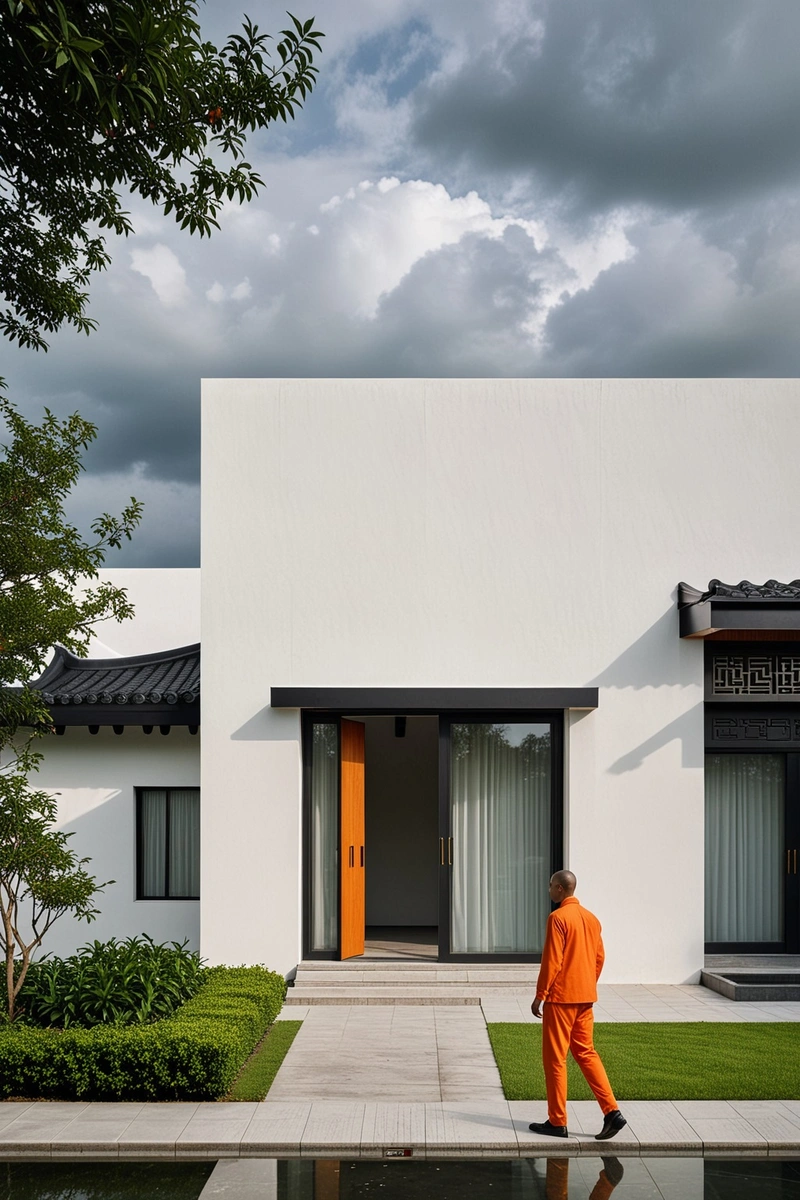 一个穿着橙色裤子的男人走过一栋黑色屋顶的白色建筑。这栋建筑有几扇大窗户和一扇滑动玻璃门。这座建筑被绿色植物包围,头顶是灰色的天空。这座建筑具有中国传统元素的现代风格。该建筑坐落在一个混凝土露台上。 一个穿着橙色裤子的男人走过一栋黑色屋顶的白色建筑。这栋建筑有几扇大窗户和一扇滑动玻璃门。这座建筑被绿色植物包围,头顶是灰色的天空。这座建筑具有中国传统元素的现代风格。该建筑坐落在一个混凝土露台上。