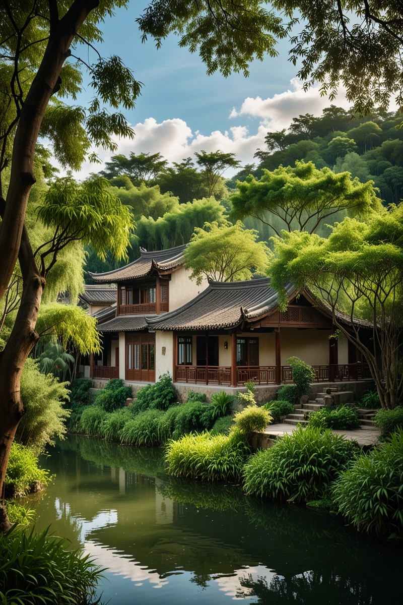 一座传统的中国乡村别墅坐落在郁郁葱葱的绿色植物和竹林中。这座房子是用木头建造的,色调是棕色的。它坐落在一个池塘和一个小瀑布附近。天空是蓝色的,有缕缕云。周围环境宁静祥和。房子由树枝构成,营造出舒适宜人的氛围。图像的整体风格是自然和质朴的,强调与周围景观的和谐。 一座传统的中国乡村别墅坐落在郁郁葱葱的绿色植物和竹林中。这座房子是用木头建造的,色调是棕色的。它坐落在一个池塘和一个小瀑布附近。天空是蓝色的,有缕缕云。周围环境宁静祥和。房子由树枝构成,营造出舒适宜人的氛围。图像的整体风格是自然和质朴的,强调与周围景观的和谐。