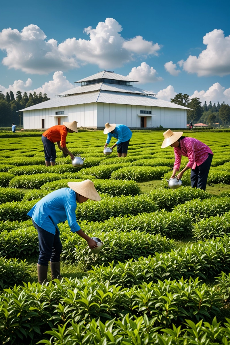 一群穿着彩色衬衫的人正在一块大田里采摘茶叶。背景中有一座尖顶的白色建筑。这座建筑是用玻璃建造的，看起来是一座现代建筑。天空是蓝色的，天空中散落着几朵云。这张照片给人一种温暖而充满活力的感觉。