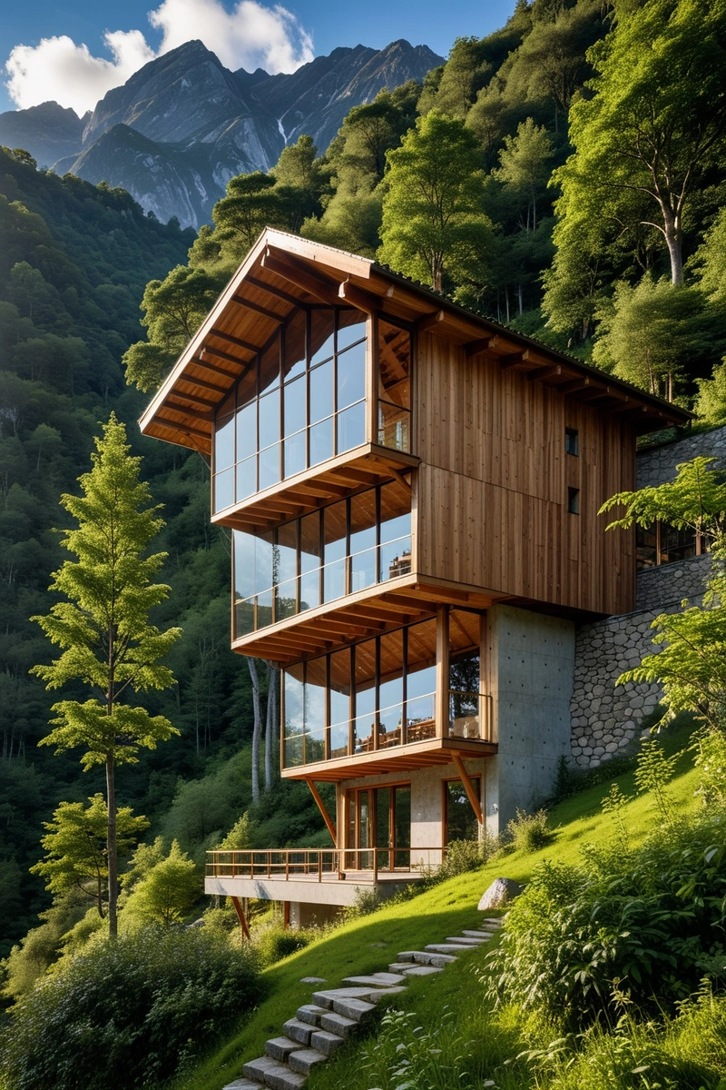 一座由木结构和玻璃构成的建筑矗立在山区的高跷上。这座建筑设计独特,有倾斜的屋顶和大窗户。外部由木材和玻璃制成,墙壁部分透明,允许自然光进入。建筑坐落在郁郁葱葱的绿色景观中,周围环绕着群山和树木。天空是多云的,但光线仍然照亮了建筑的外部。整体风格是现代和环保的,与自然有很强的联系。该建筑似乎是一个社区中心或文化场所,因为它位于一个小村庄。 一座由木结构和玻璃构成的建筑矗立在山区的高跷上。这座建筑设计独特,有倾斜的屋顶和大窗户。外部由木材和玻璃制成,墙壁部分透明,允许自然光进入。建筑坐落在郁郁葱葱的绿色景观中,周围环绕着群山和树木。天空是多云的,但光线仍然照亮了建筑的外部。整体风格是现代和环保的,与自然有很强的联系。该建筑似乎是一个社区中心或文化场所,因为它位于一个小村庄。